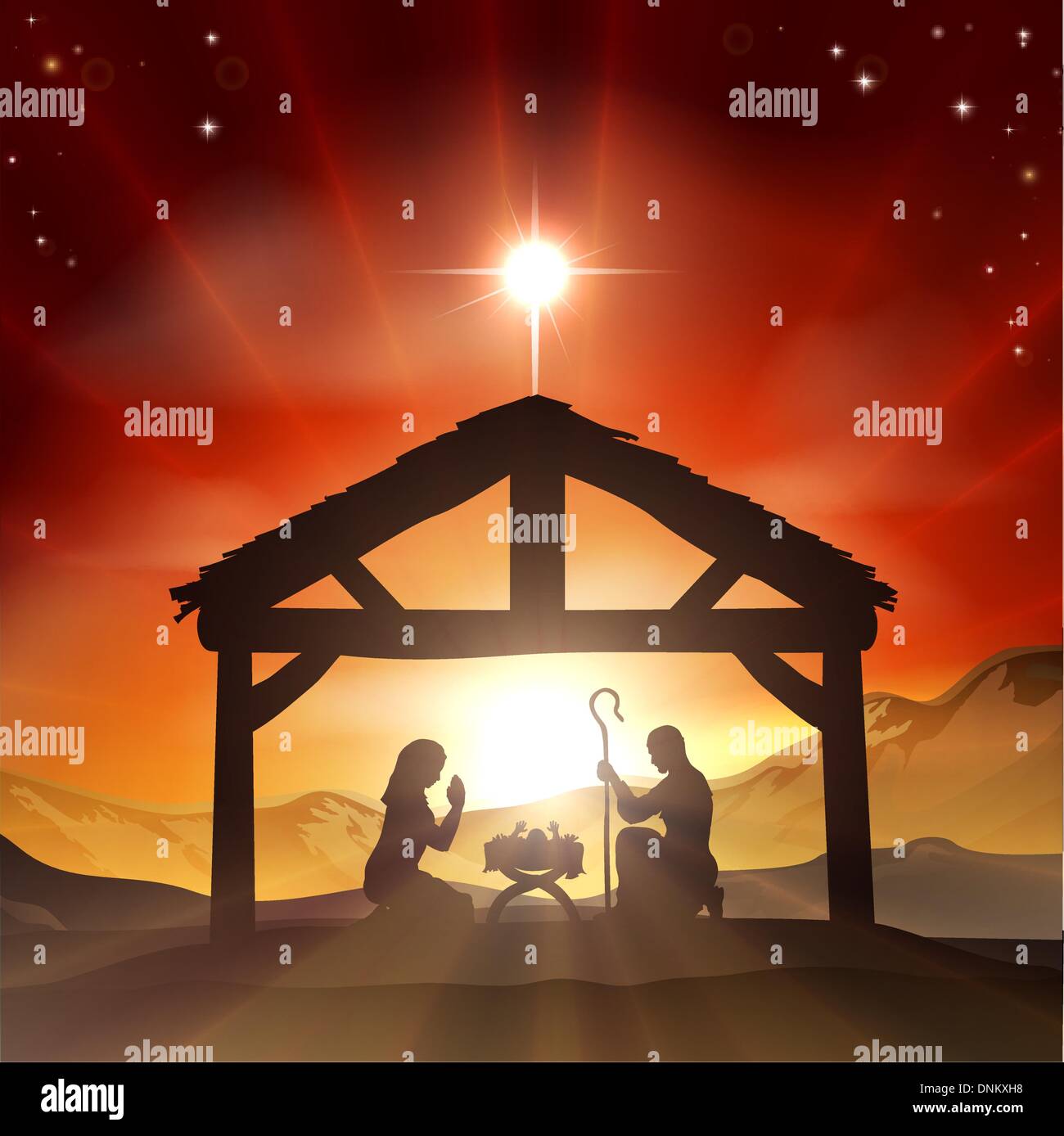 Natale scena della natività cristiana con il bambino Gesù nella mangiatoia in silhouette, e la stella di Betlemme Illustrazione Vettoriale