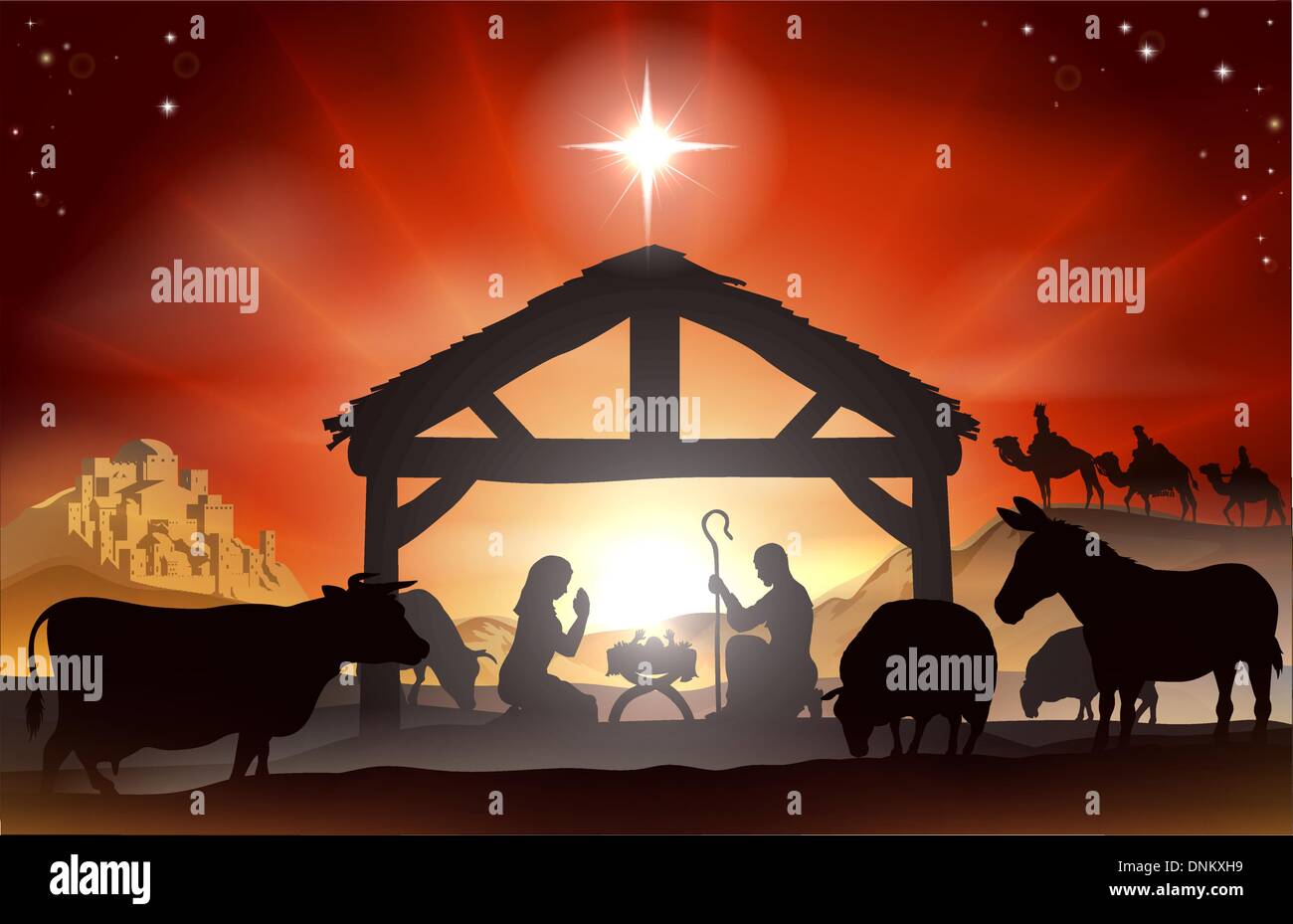 Natale scena della natività cristiana con il bambino Gesù nella mangiatoia in silhouette, tre uomini saggi o re, animali da fattoria e star o Illustrazione Vettoriale
