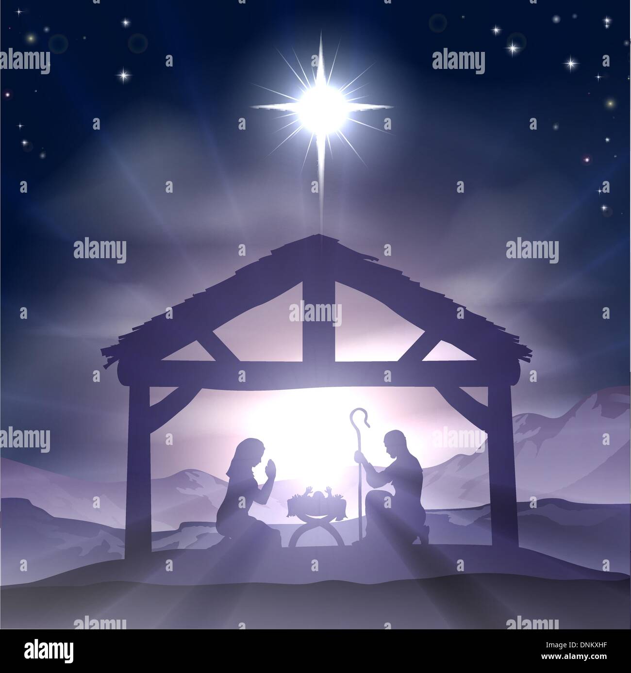 Natale scena della natività cristiana con il bambino Gesù nella mangiatoia in silhouette, e la stella di Betlemme Illustrazione Vettoriale