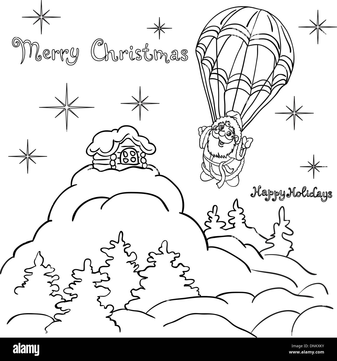 Allegro Babbo Natale scende dal cielo su un paracadute. Illustrazione di natale. Illustrazione Vettoriale