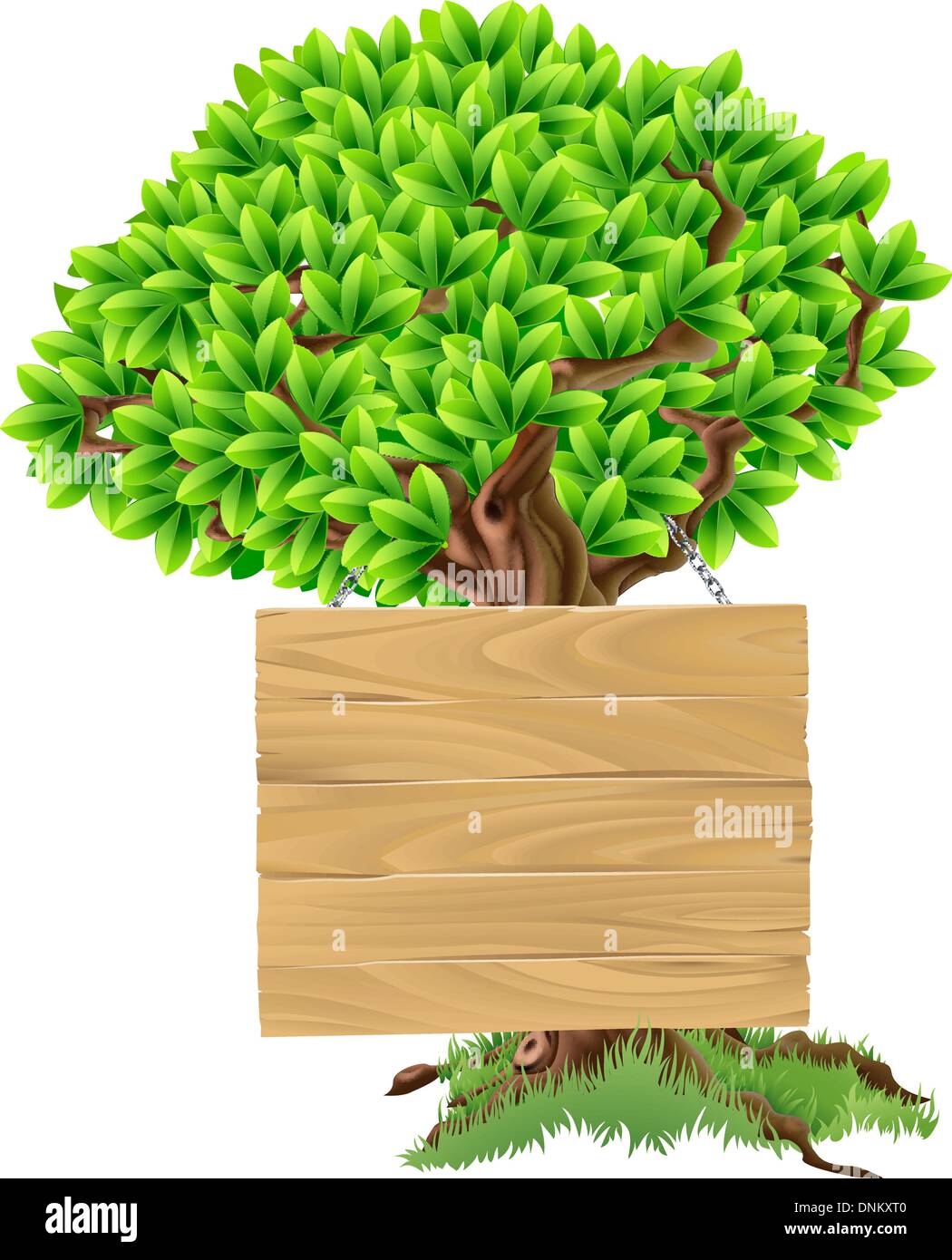 Illustrazione di un luminoso verde albero con un cartello in legno sospeso da esso Illustrazione Vettoriale