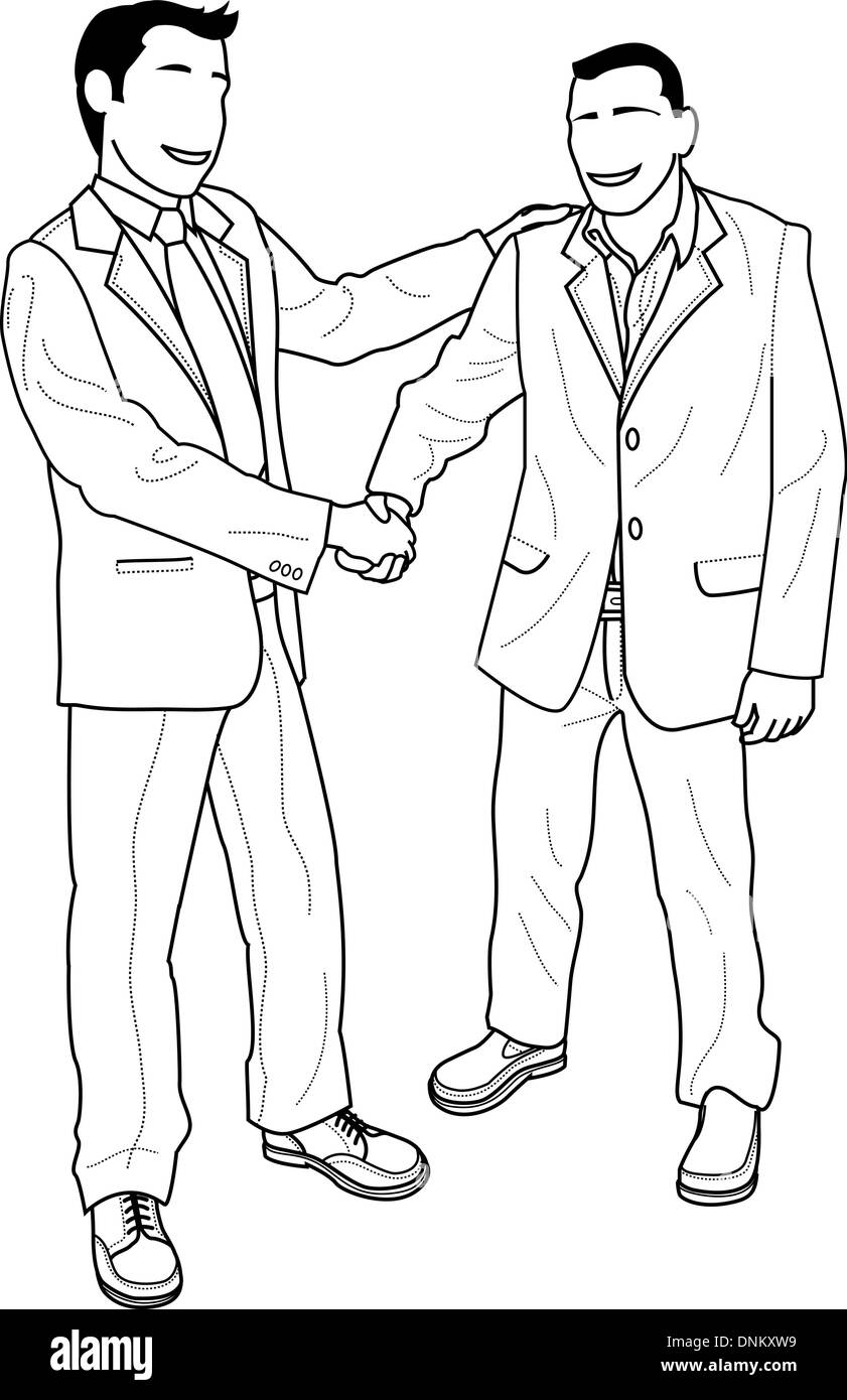Illustrazione di uomini di affari senza volto si stringono la mano e il messaggio di saluto Illustrazione Vettoriale