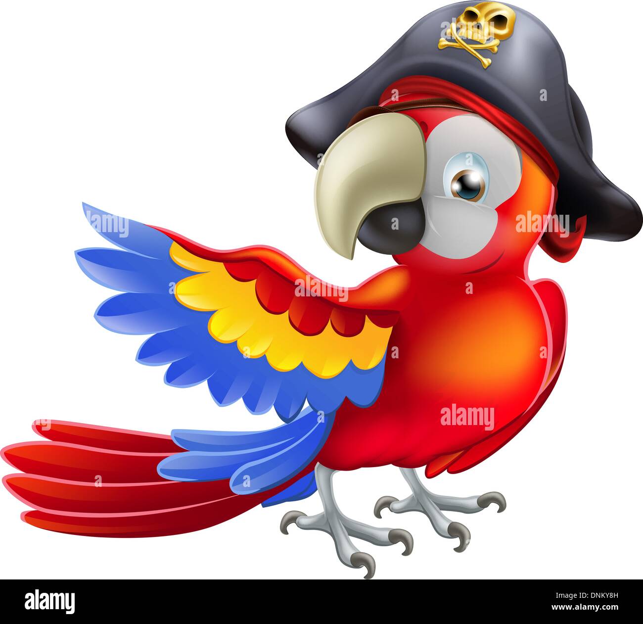 Un pappagallo colorato cartone animato appollaiato sulla spalla di un pirata