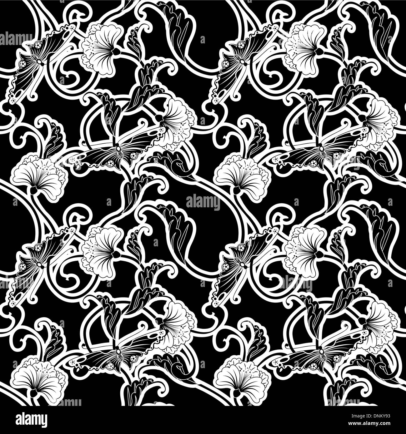 Ornati in bianco e nero senza giunture di ripetizione tile pattern di fiori e farfalle in uno stile Giapponese Illustrazione Vettoriale