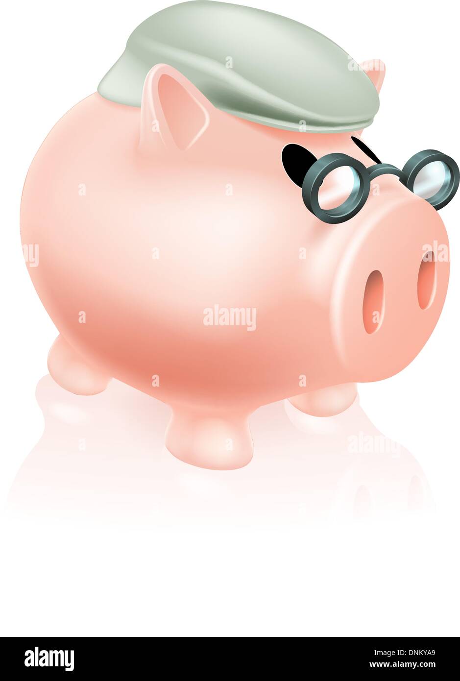 Pension suino casella di denaro concetto di un risparmio salvadanaio salvadanaio vestito in senior del cappello e specifiche. Illustrazione Vettoriale