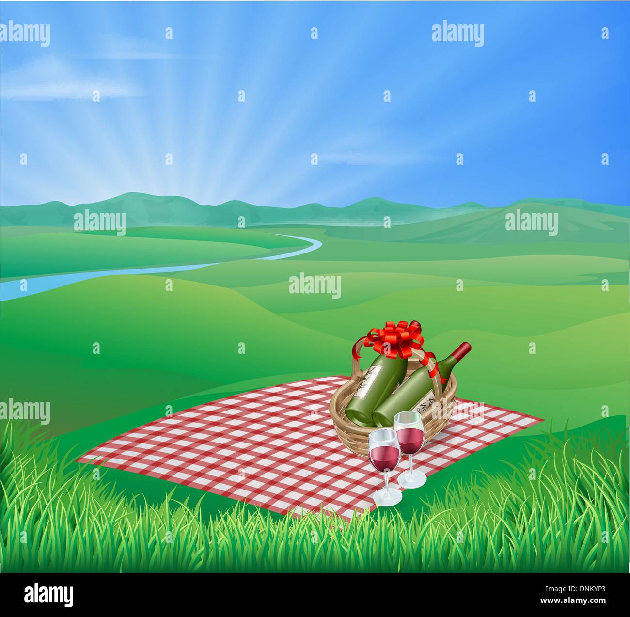 Coperta picnic e vino rosso in un paesaggio naturale. Scena romantica Illustrazione Vettoriale