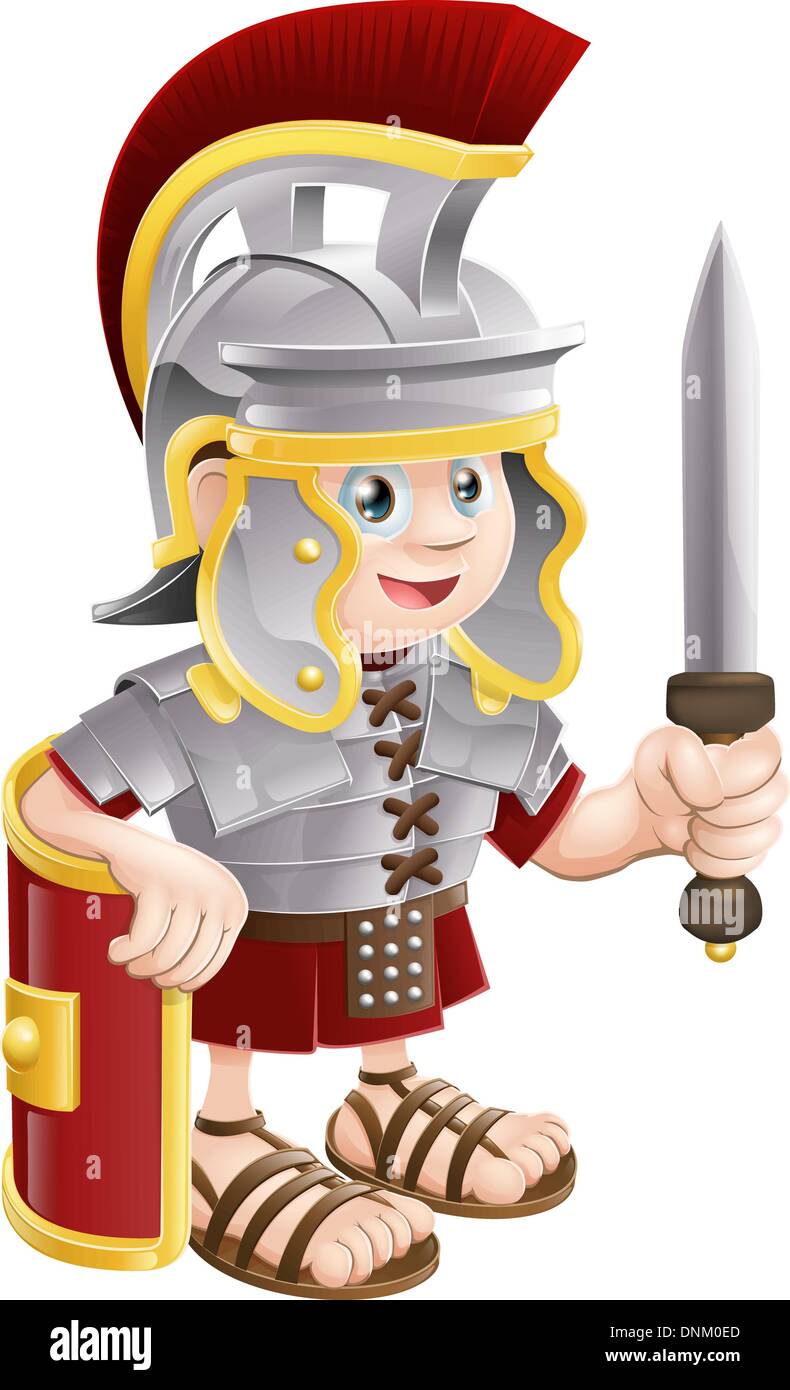 Illustrazione di un simpatico felice soldato romano che tiene una spada e uno scudo Illustrazione Vettoriale
