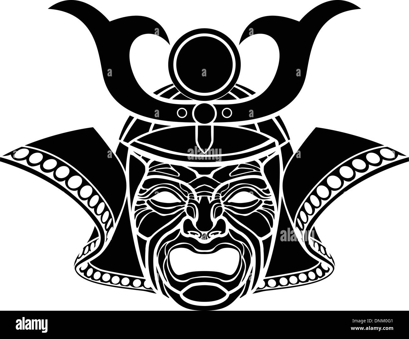Una illustrazione di una temibile monocromatico maschera samurai Illustrazione Vettoriale