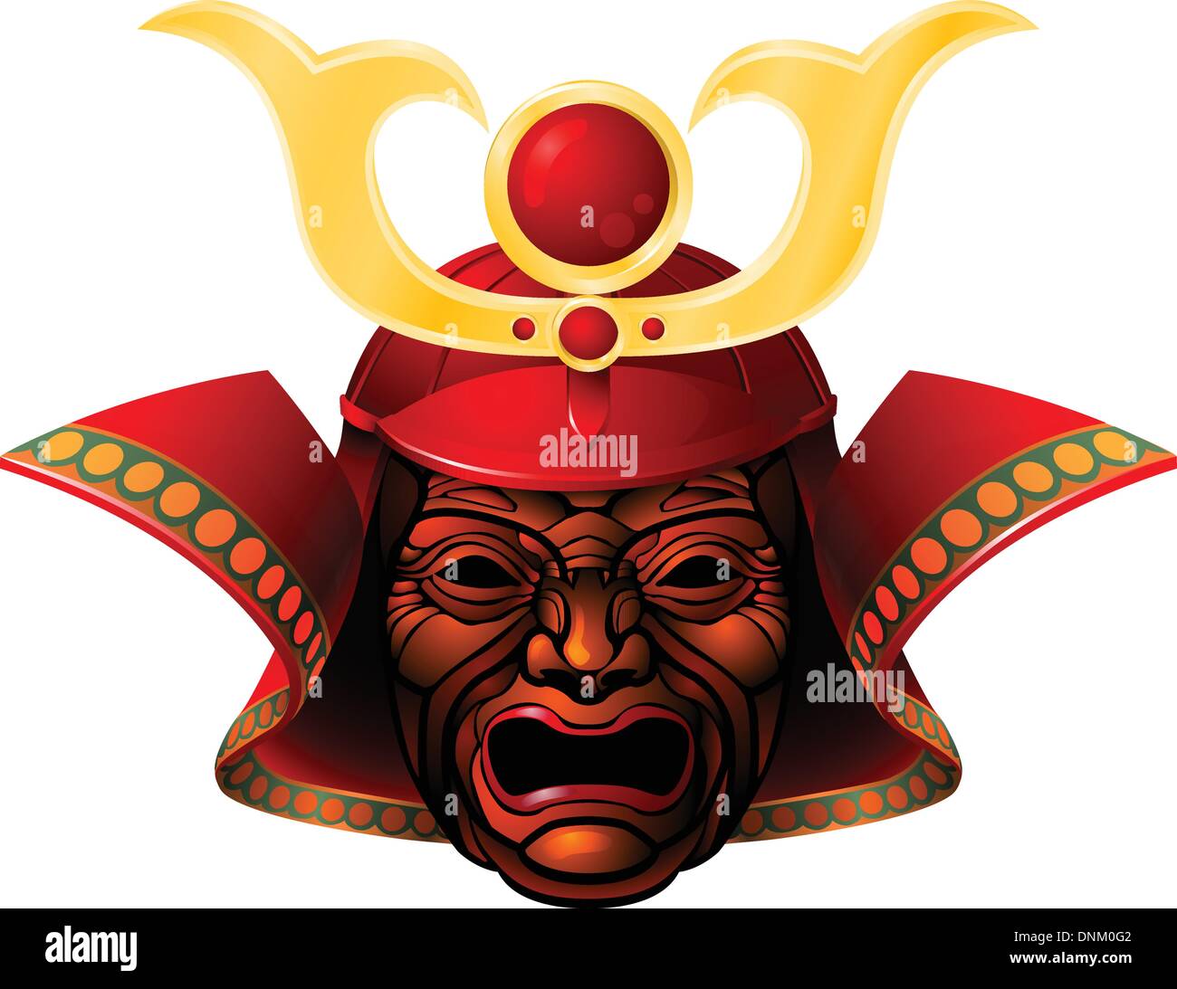 Una illustrazione di una temibile rosso e giallo maschera samurai Illustrazione Vettoriale