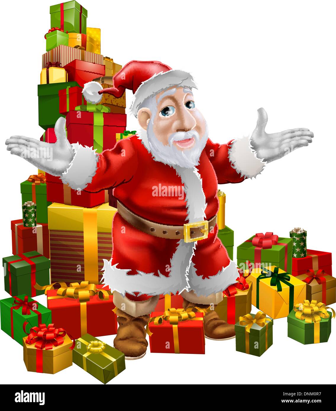 Un sorridenti cartoon Santa con braccia che mostra il visualizzatore un mucchio di regali di Natale Illustrazione Vettoriale