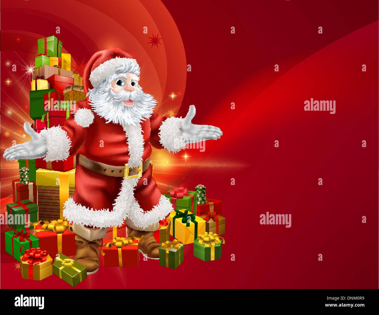 Red Santa e una pila di presenta lo sfondo con un sacco di copyspace per voi il testo a destra. Illustrazione Vettoriale