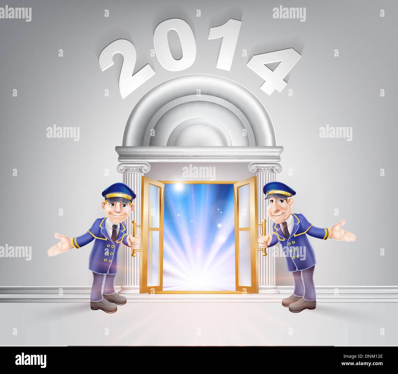 Nuovo anno porta 2014 Nozione di portieri hoding aprire una porta per il nuovo anno con lo streaming di luce attraverso di esso. Illustrazione Vettoriale