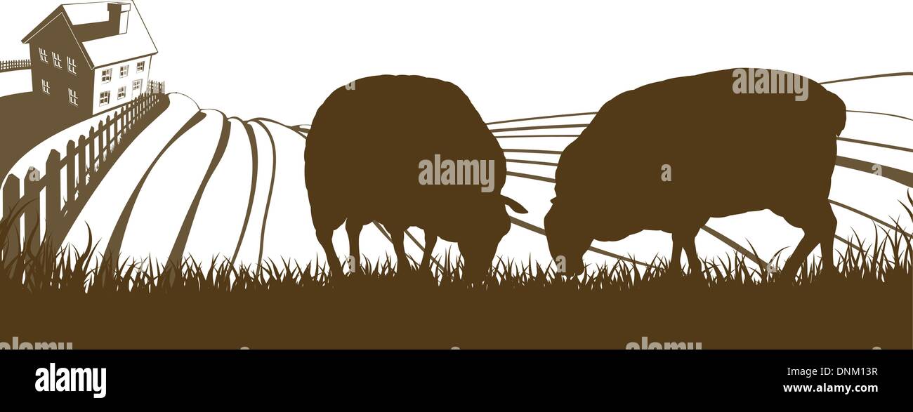 Agriturismo Dolci Colline paesaggio con casa colonica e pecore alimentazione su erba in silhouette Illustrazione Vettoriale