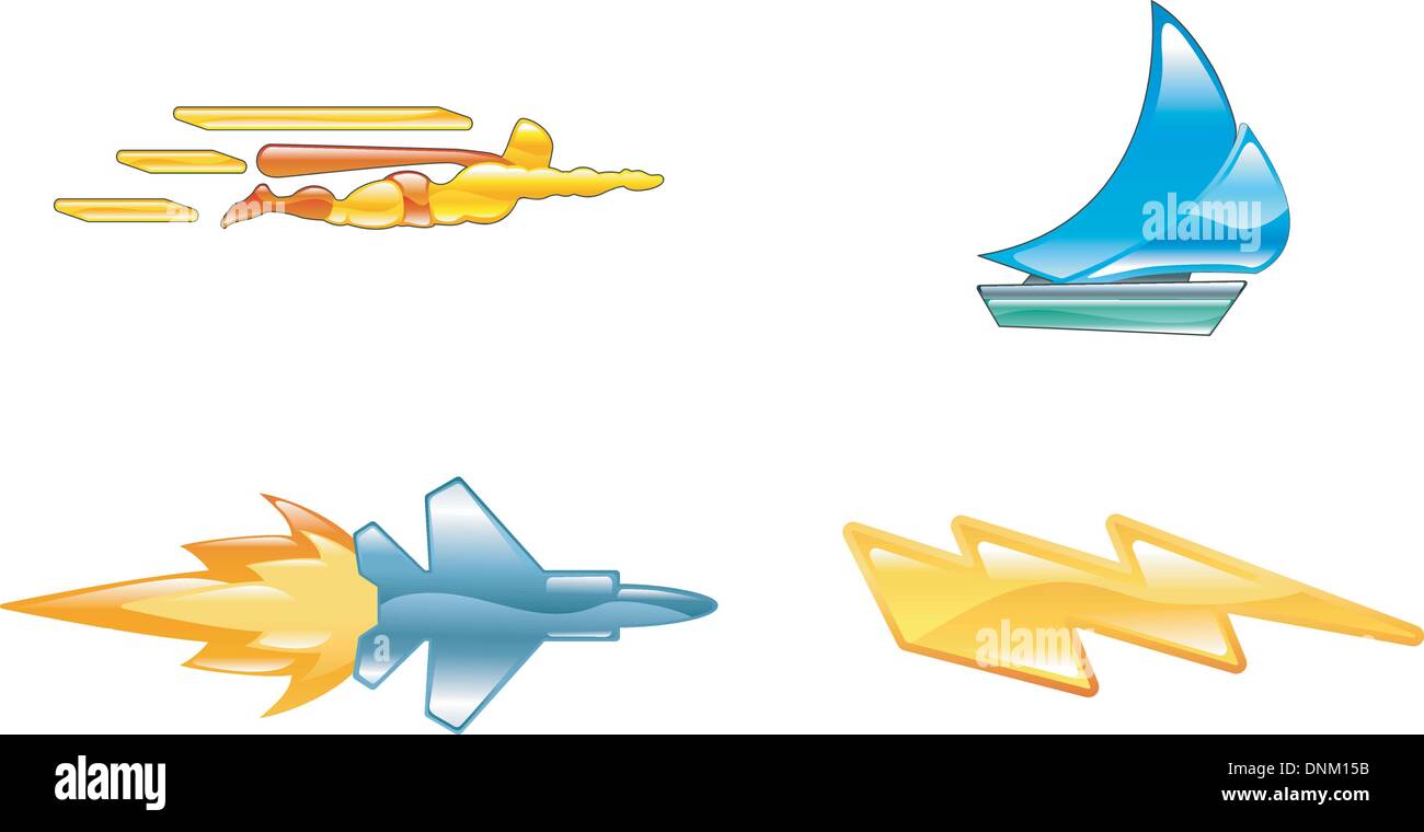 Uno schema concettuale di set di icone relative alla velocità, di essere veloce e efficiente o. Illustrazione Vettoriale