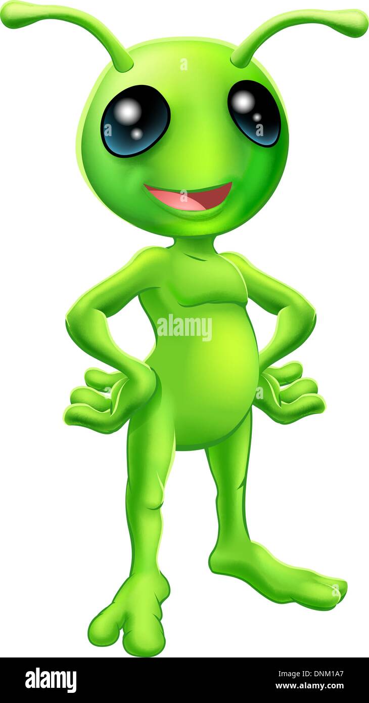 Cartoon green felice friendly alien in piedi con le mani sui suoi fianchi Illustrazione Vettoriale