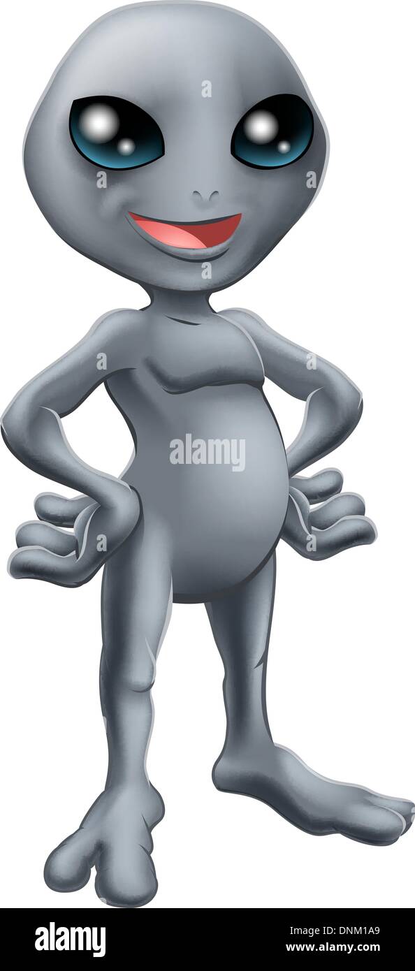 Cartoon felice grigio amichevole mascotte aliena in piedi con le mani sui suoi fianchi Illustrazione Vettoriale
