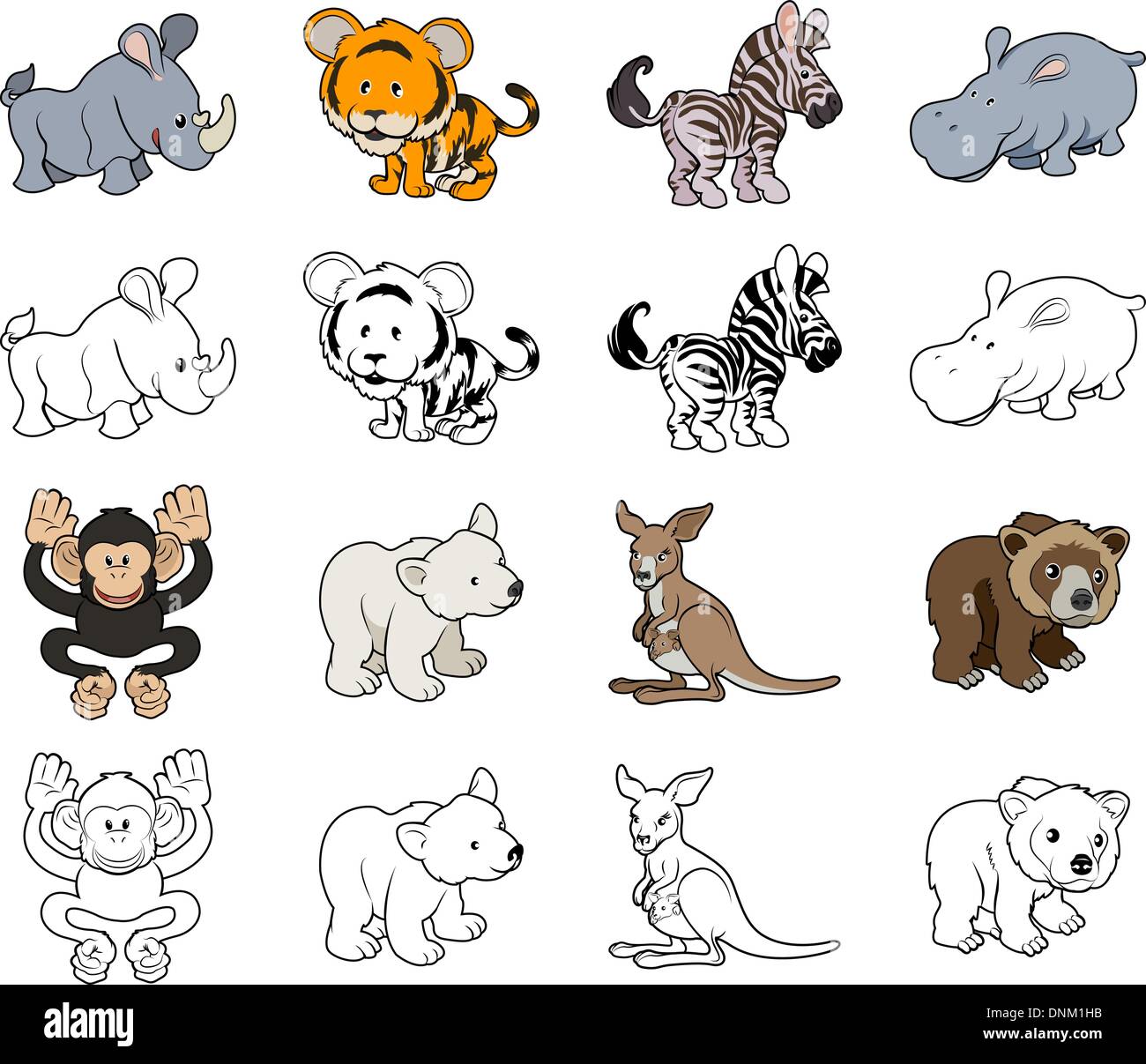 Una serie di cartoni animati di animali selvatici di illustrazioni. A colori e in bianco e nero un profilo bianco versioni. Illustrazione Vettoriale