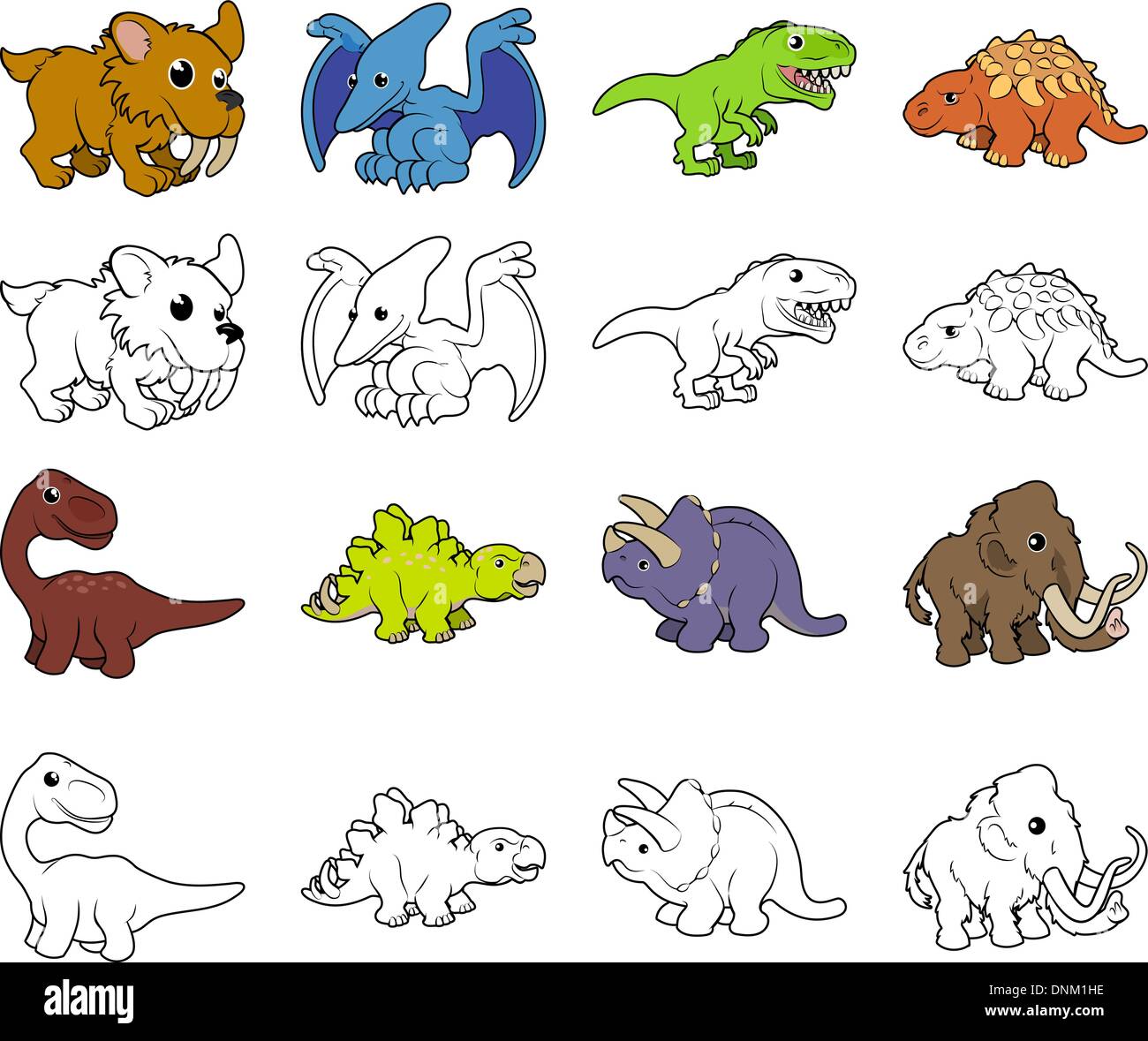 Una serie di cartoni animati di animali preistorici e le illustrazioni di dinosauri. A colori e in bianco e nero un profilo bianco versioni. Illustrazione Vettoriale