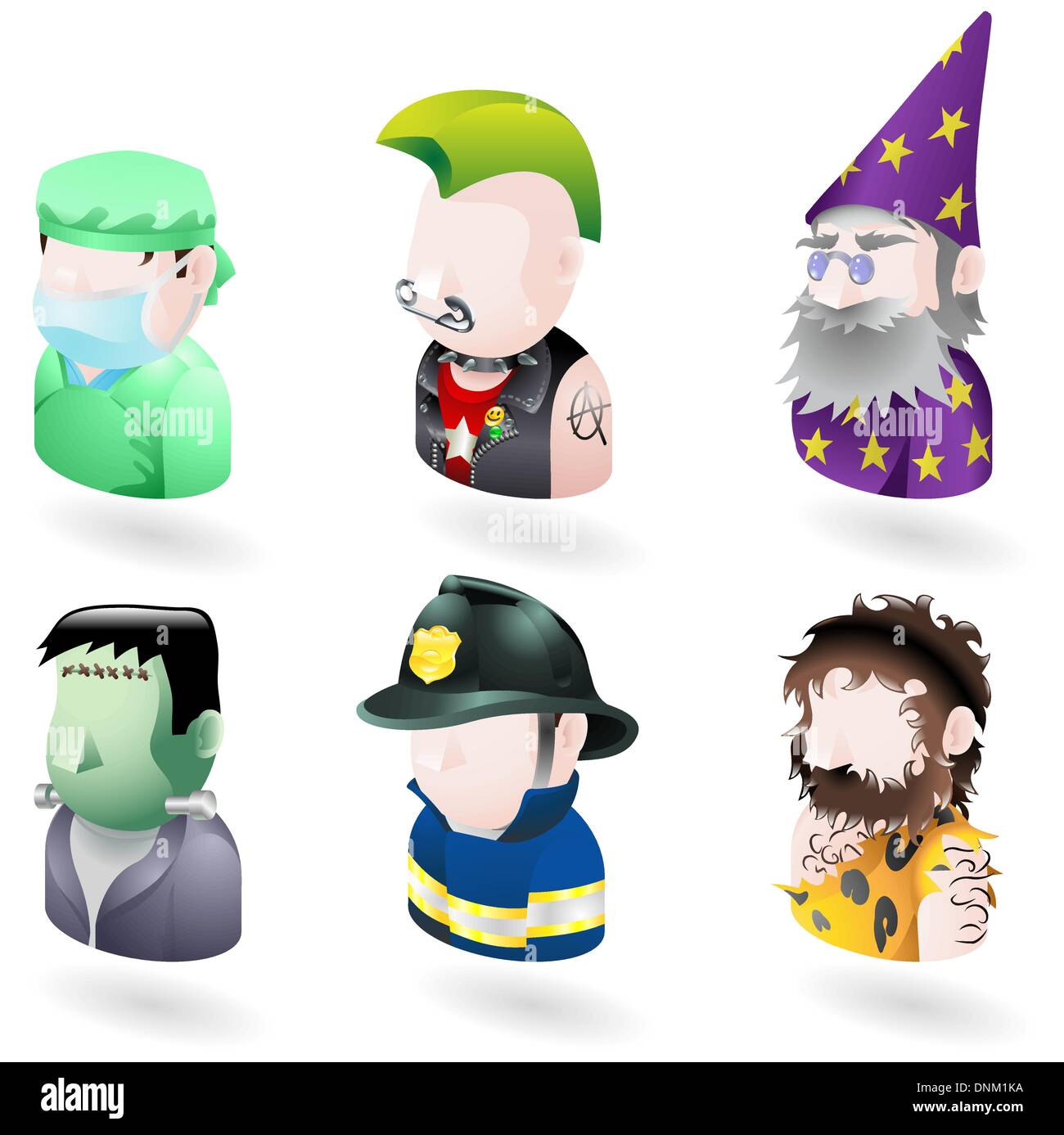 Un avatar persone web o internet icona impostare serie. Include un medico o un chirurgo, un punk, una procedura guidata o un mago, Frankenstein monst Illustrazione Vettoriale