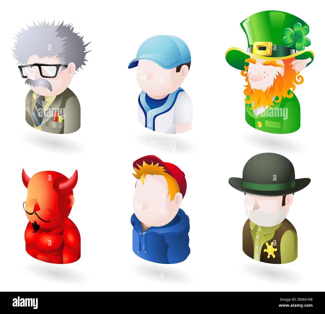 Un avatar persone web o internet icona impostare serie. Include uno scienziato o un insegnante, un giocatore di baseball, un leprechaun irlandese, un dev Illustrazione Vettoriale