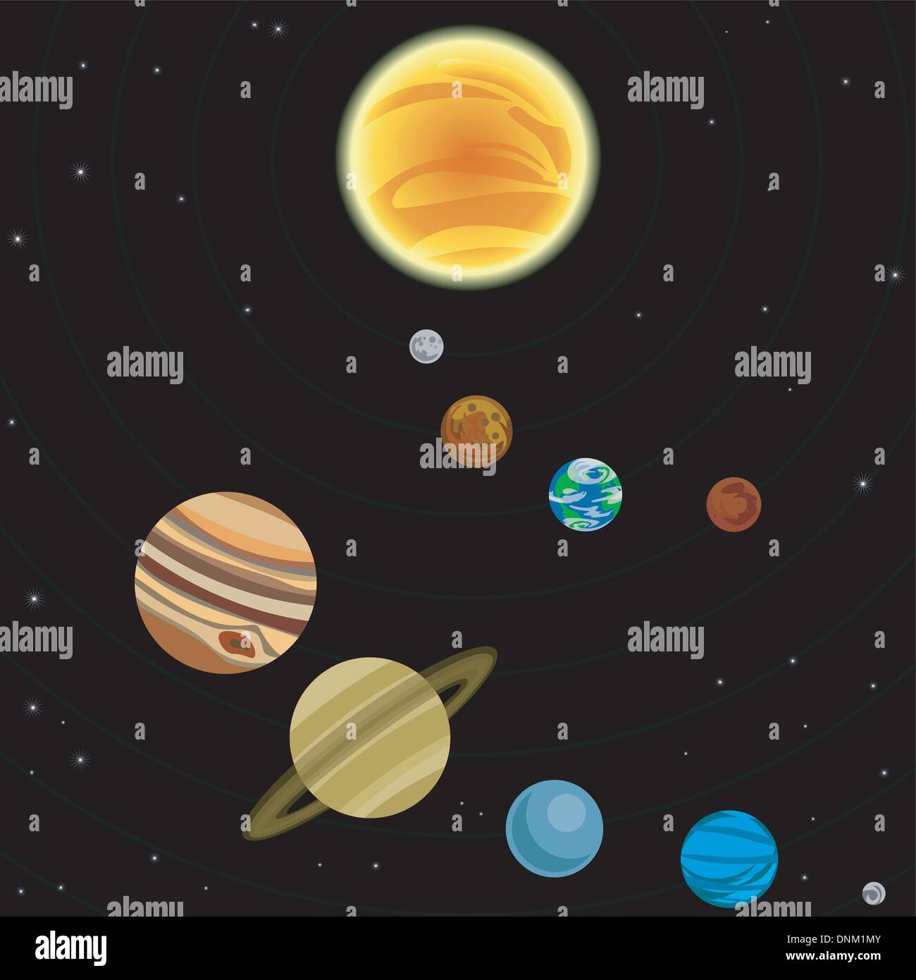 Illustrazione del sistema solare con le stelle e i pianeti Illustrazione Vettoriale