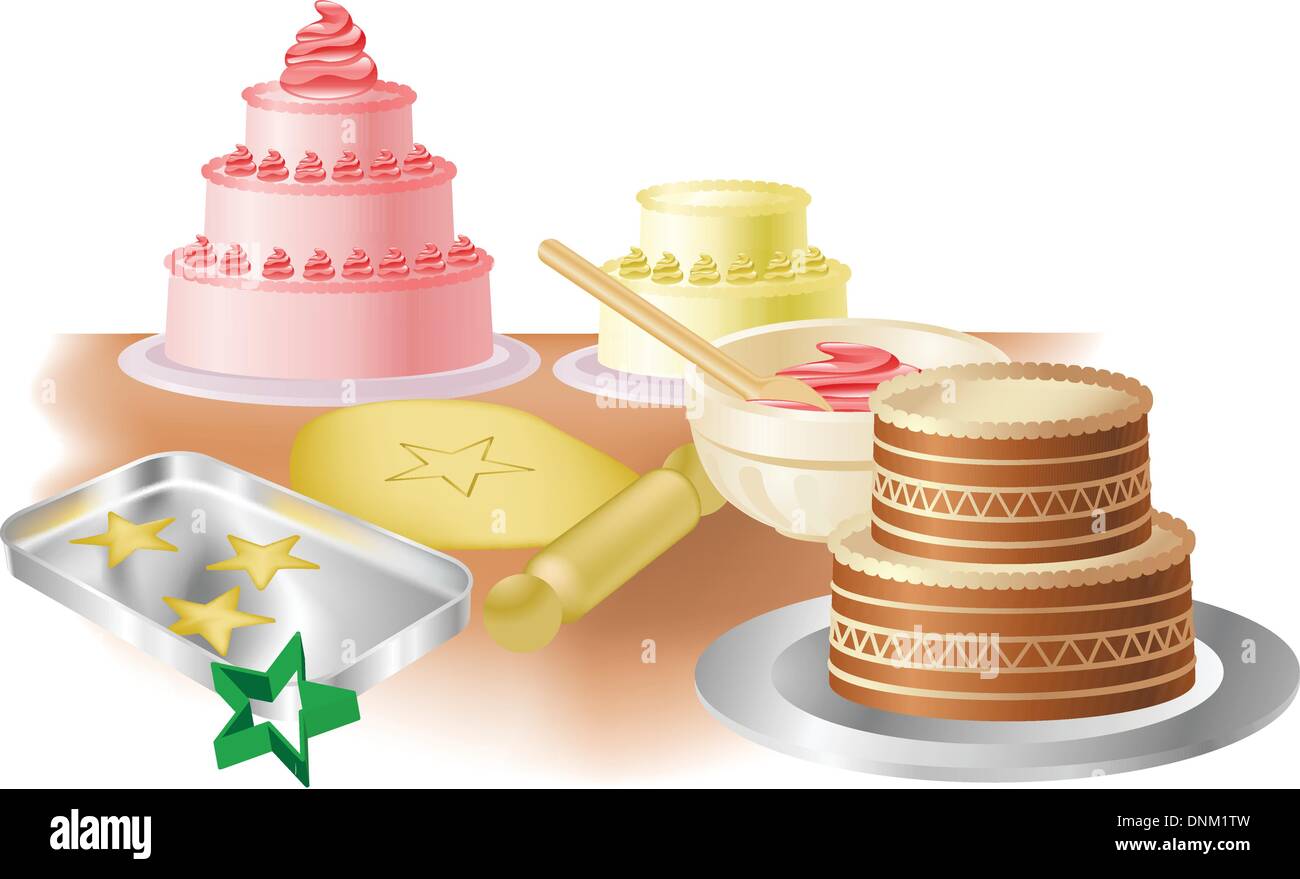 Torte, biscotti e cottura paraphernalia illustrazione Illustrazione Vettoriale