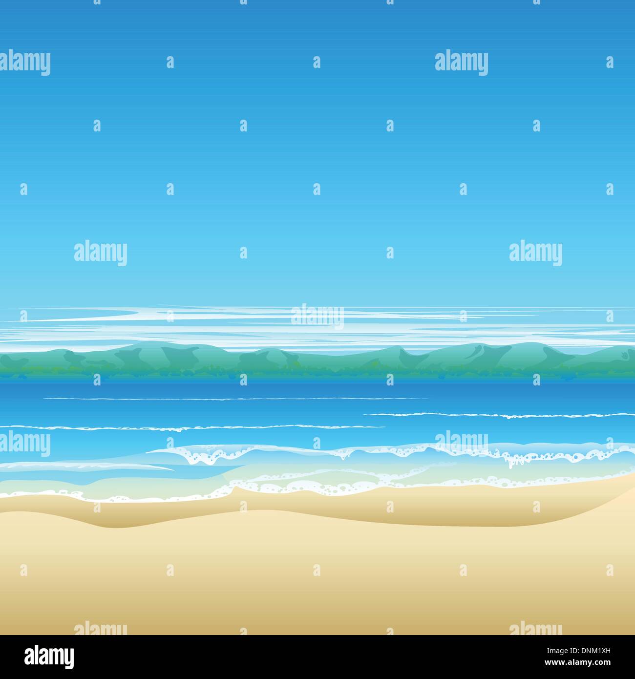 Spiaggia tropicale illustrazione dello sfondo con la terra in distanza e un sacco di copyspace. Illustrazione Vettoriale