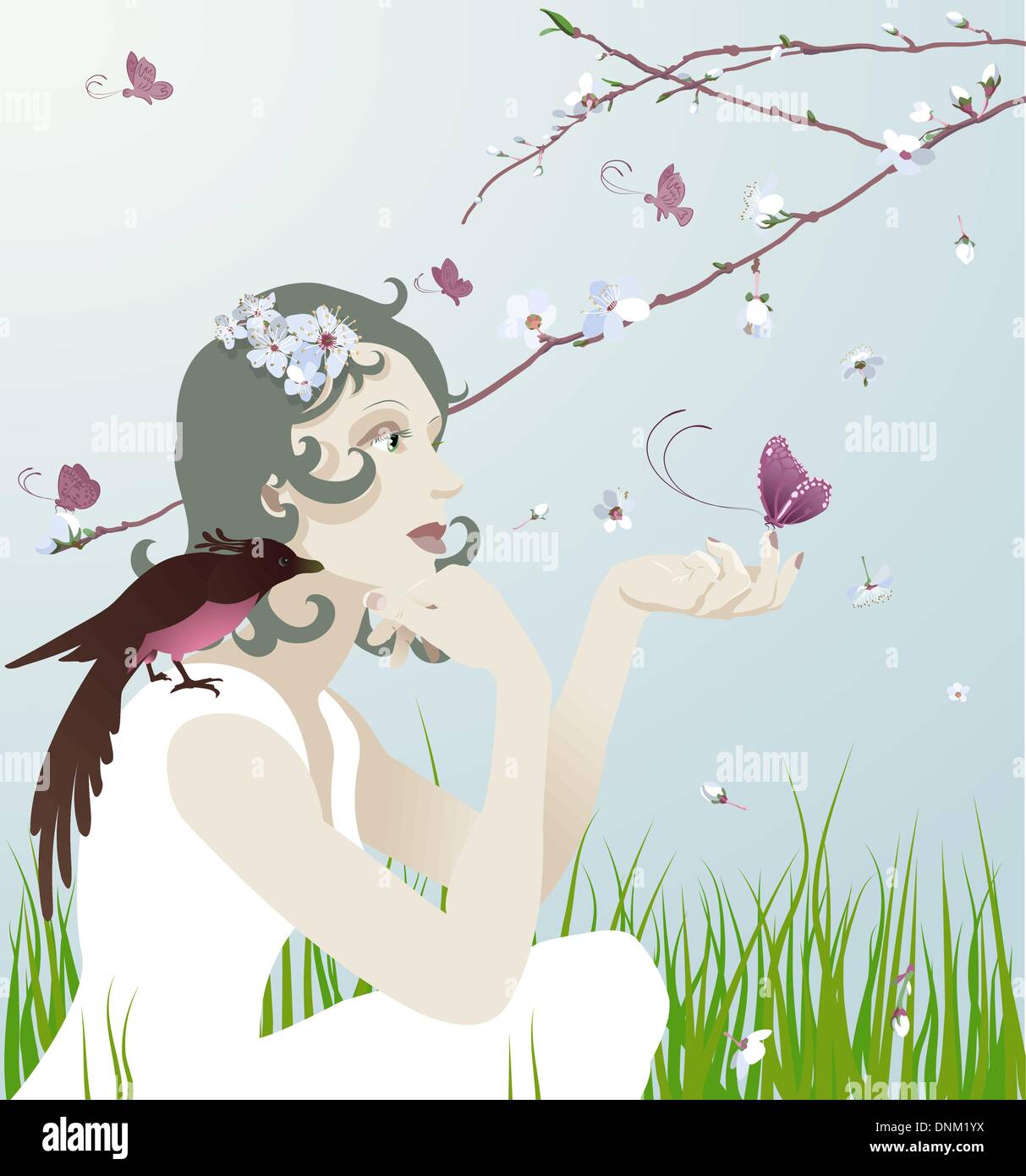 Una giovane e bella donna seduta sotto un albero di fioritura con uccelli e farfalle Illustrazione Vettoriale