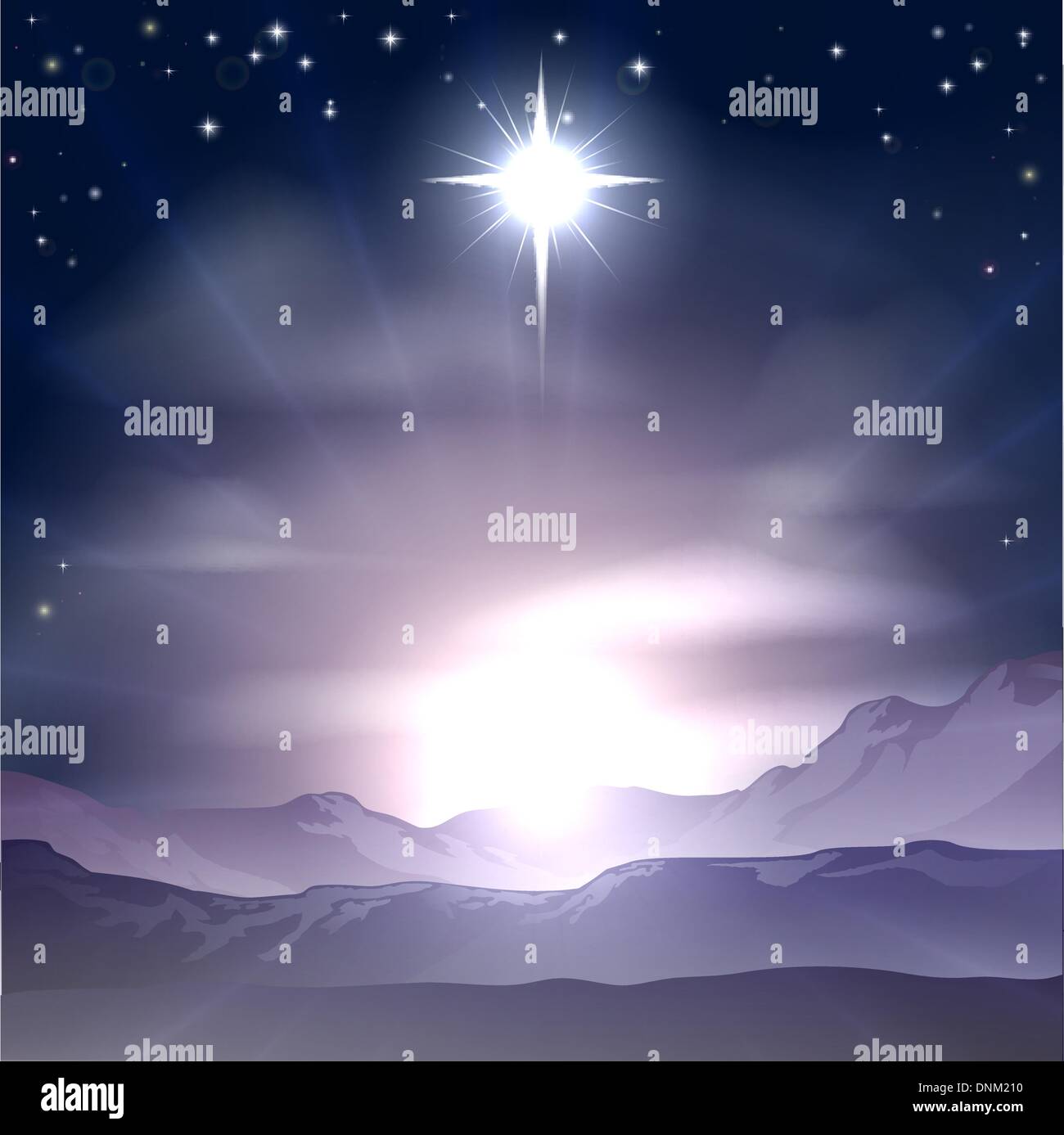 Un Natale cristiano illustrazione della stella di Betlemme che i saggi seguito oltre il dolce paesaggio. Un Natale N Illustrazione Vettoriale