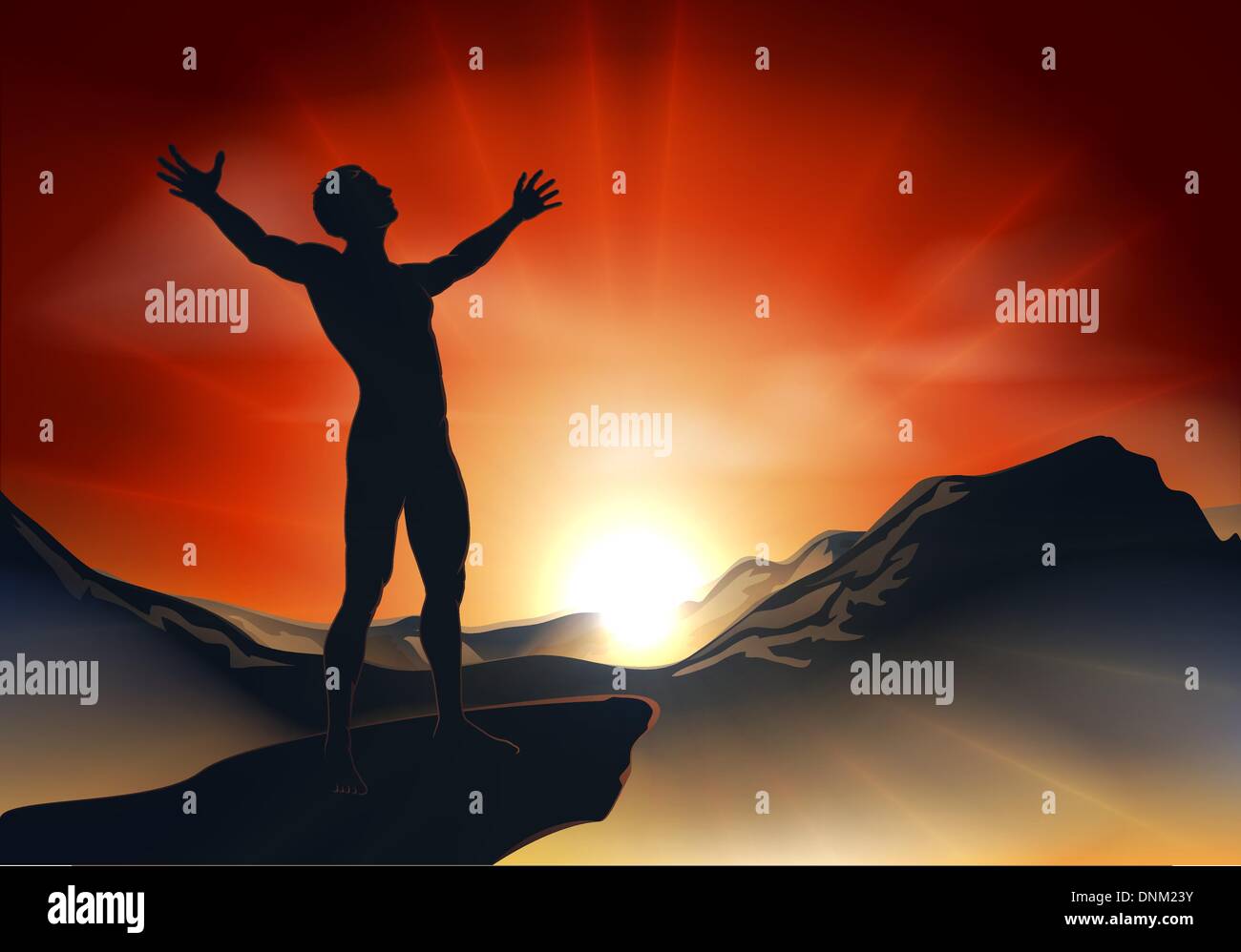 Illustrazione di un uomo su una montagna o in cima alla scogliera con braccia all'alba o al tramonto con luce sunburst Illustrazione Vettoriale