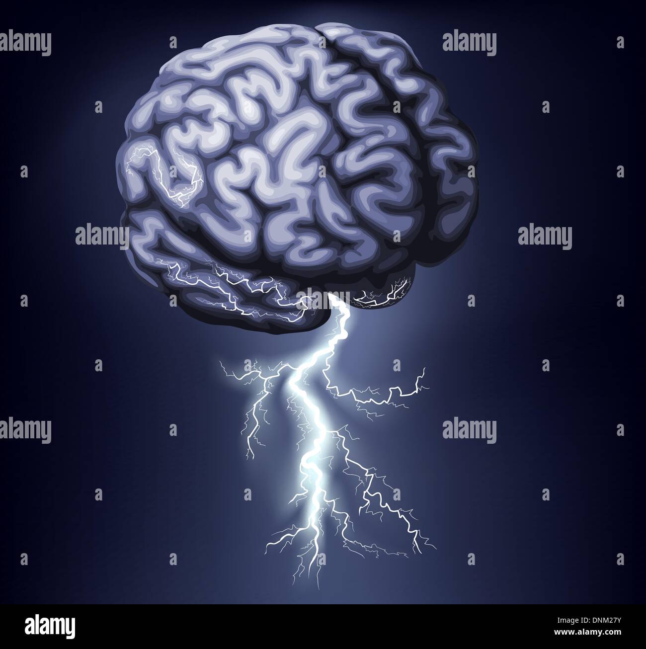 Illustrazione di un cervello con un fulmine uscente da esso. Un concetto per un brain storm Illustrazione Vettoriale