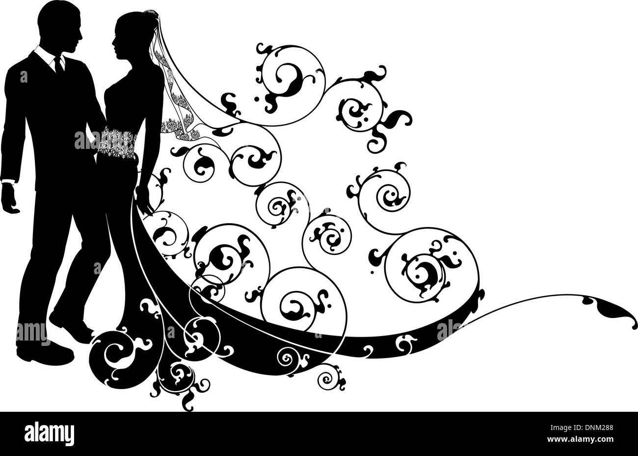 Una illustrazione di una sposa e lo sposo sposi in silhouette con bellissimo abito nuziale e abstract motivo floreale. Potrebbe Illustrazione Vettoriale