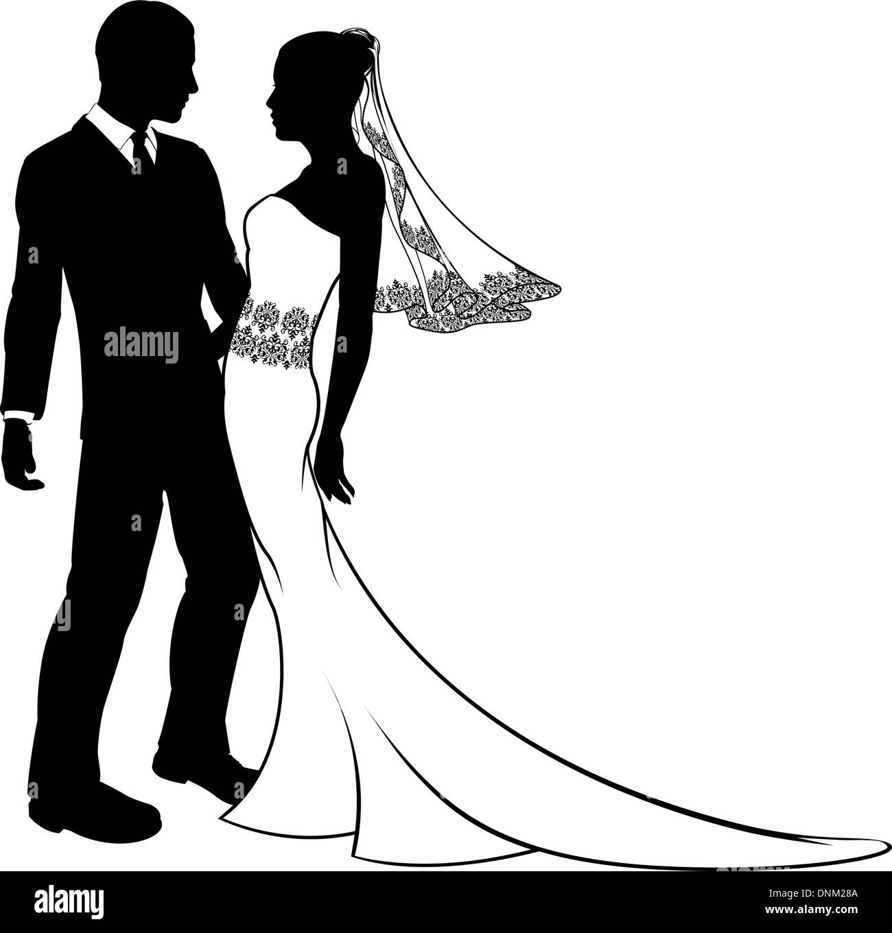 Sposa e lo sposo abbracciando in occasione delle nozze, avente primo ballo o circa a baciare, con bellissimo abito da sposa con velo di pizzo e Illustrazione Vettoriale