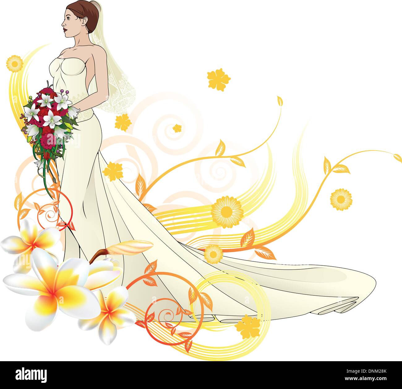 Sposa nel bellissimo abito da sposa formando con motivi floreali gli elementi di design Illustrazione Vettoriale