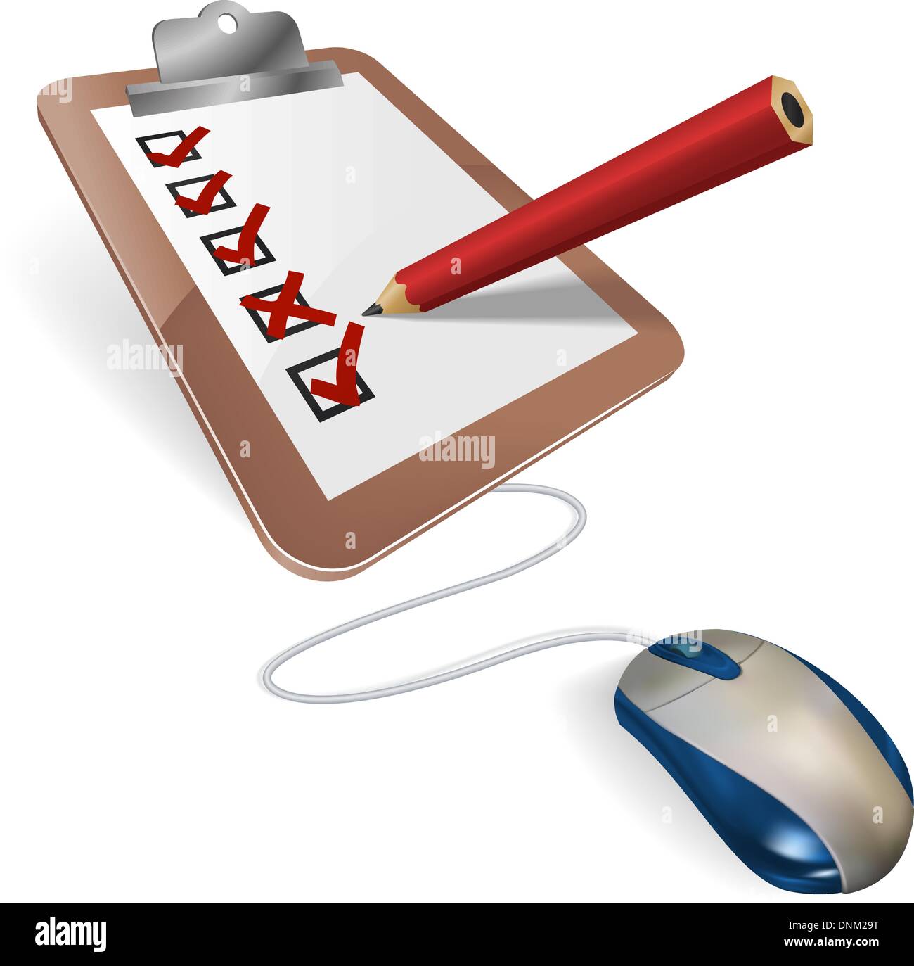 Un mouse collegato ad un questionario di indagine. Concetto online per il sondaggio internet, test, il censimento, elezione o la ricerca questionnair Illustrazione Vettoriale