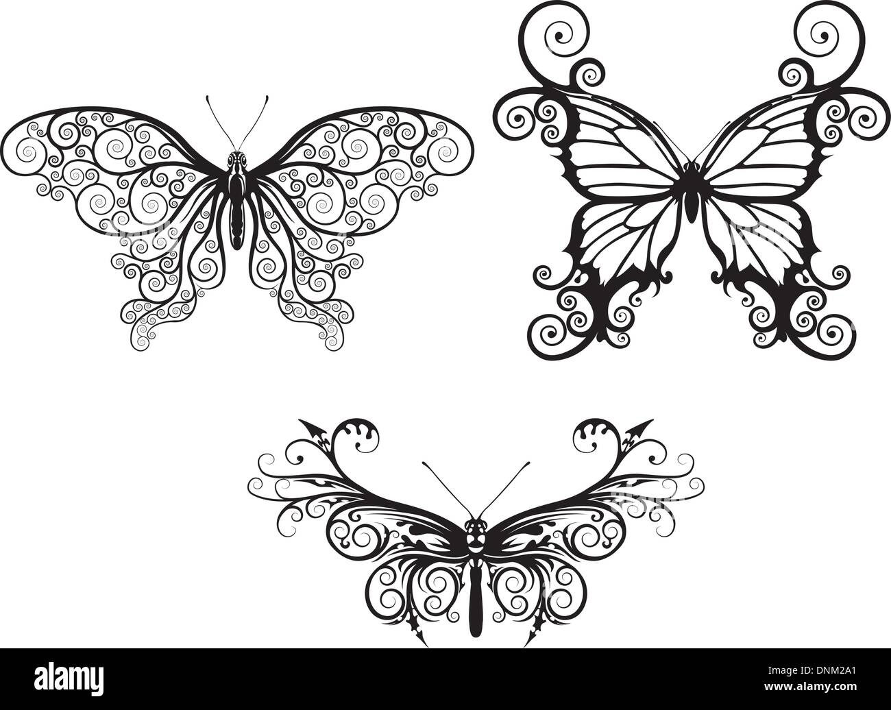 Illustrazioni di astratta stilizzata farfalle con modelli e volute che compongono le ali Illustrazione Vettoriale