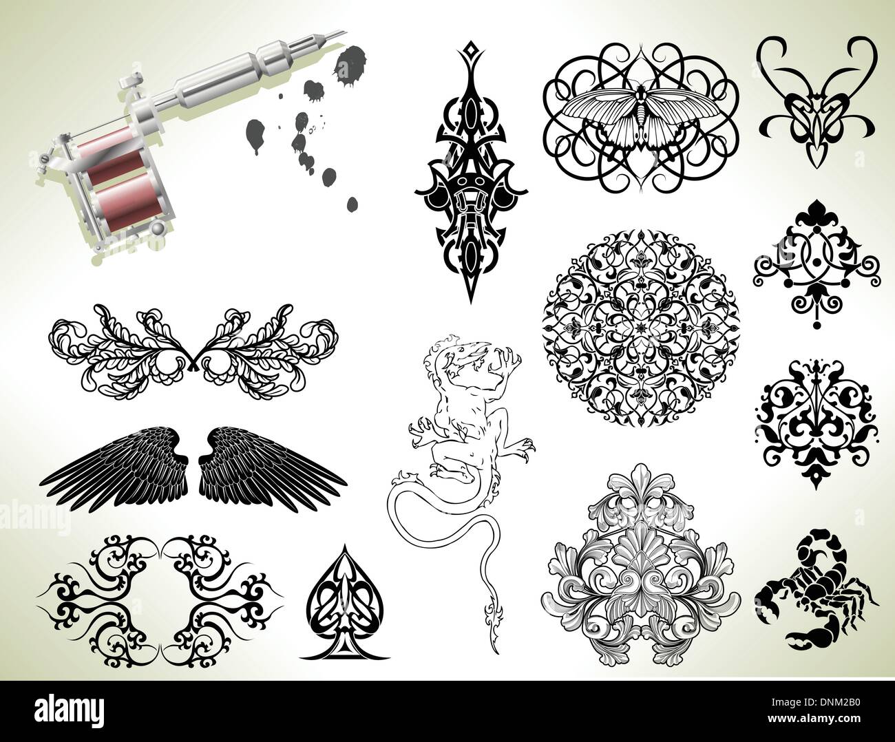 Serie di tattoo flash design elementi con tattooists a pistola o a macchina Illustrazione Vettoriale