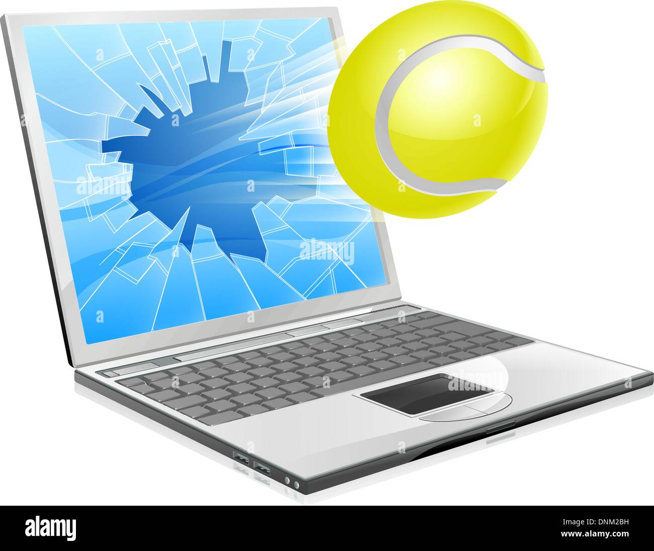 Illustrazione di una palla da tennis volare al di fuori di un rotto lo schermo del computer portatile Illustrazione Vettoriale