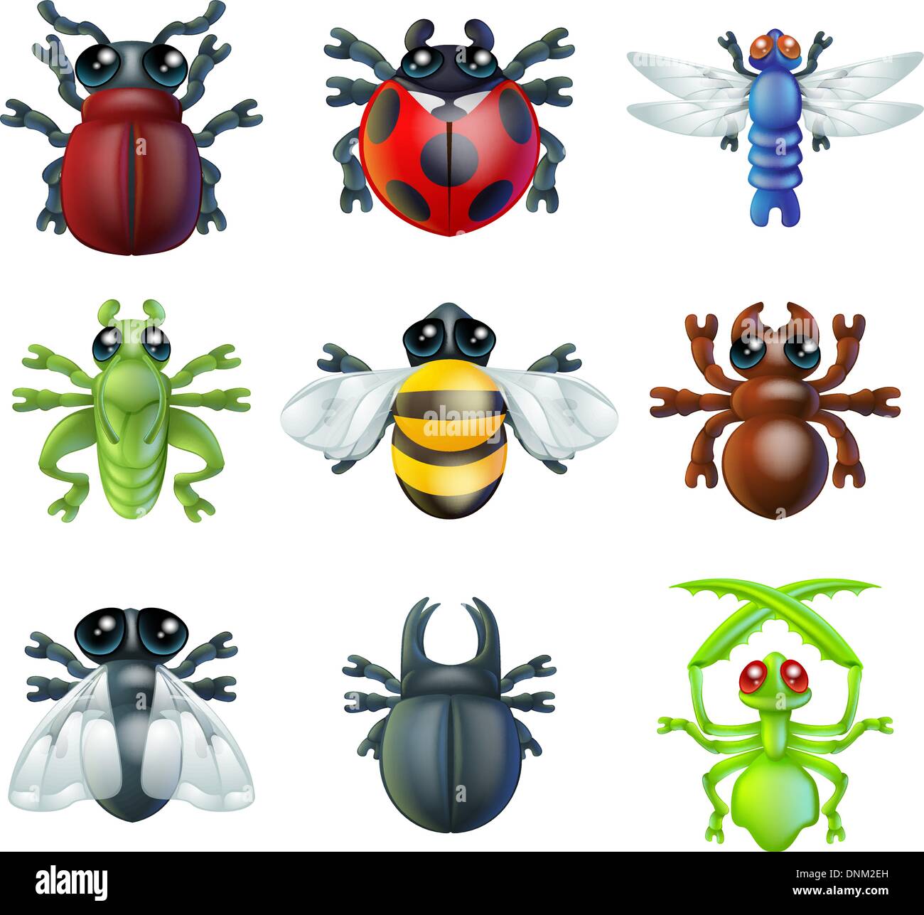 Una serie di insetto colorato bug icone, compresi coccinella mantis dragonfly bee ant grasshopper volare e altri coleotteri. Illustrazione Vettoriale