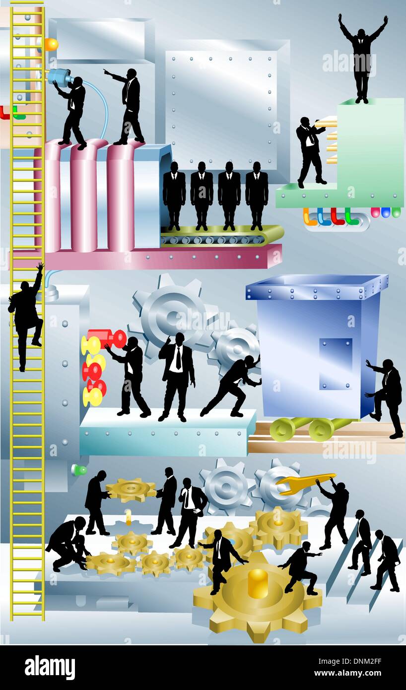 Pezzo concettuale. Un business corporation rappresentata come una gigantesca macchina con persone che lavorano in essa. Maglie non utilizzato. Immagine principale su Illustrazione Vettoriale