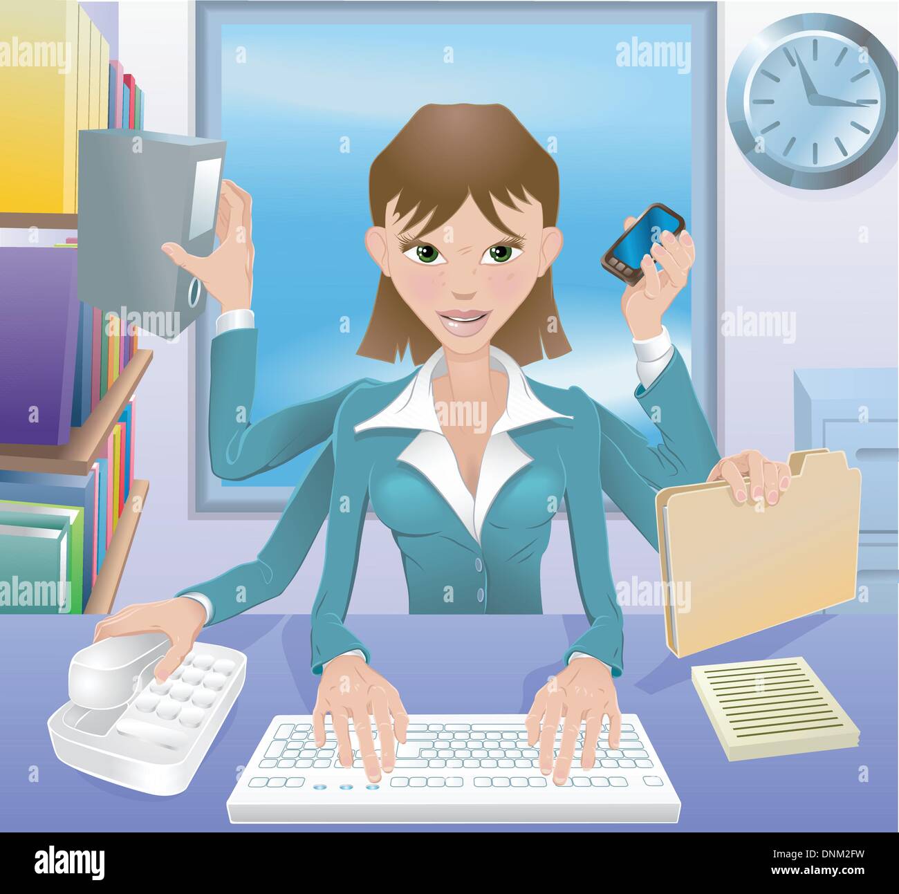 Un occupato donna d'affari di successo il multitasking in ufficio. Illustrazione Vettoriale