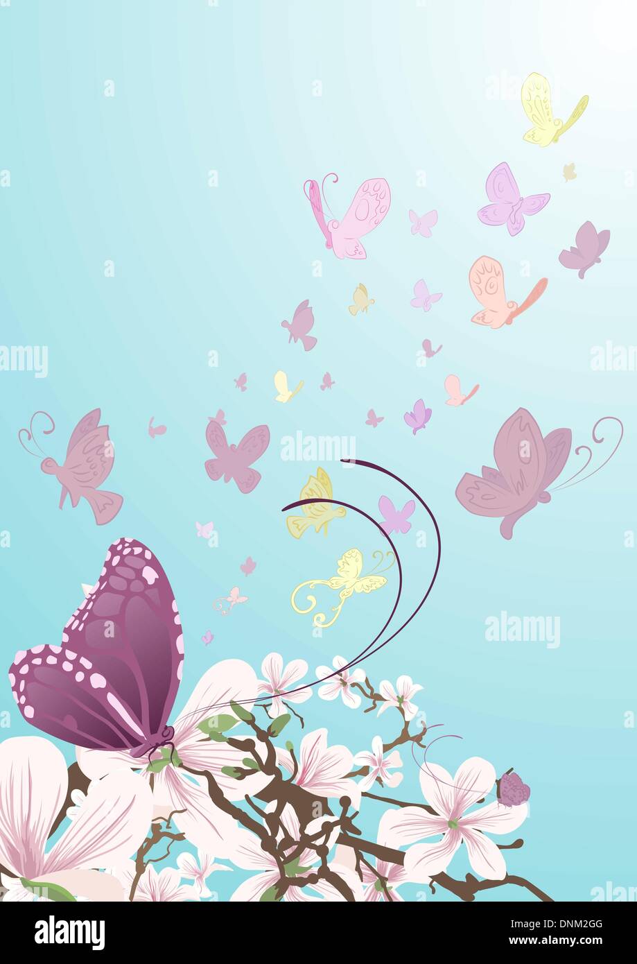 Farfalle di prendere il volo da bellissimi fiori su un albero. Maglie non utilizzato. Illustrazione Vettoriale
