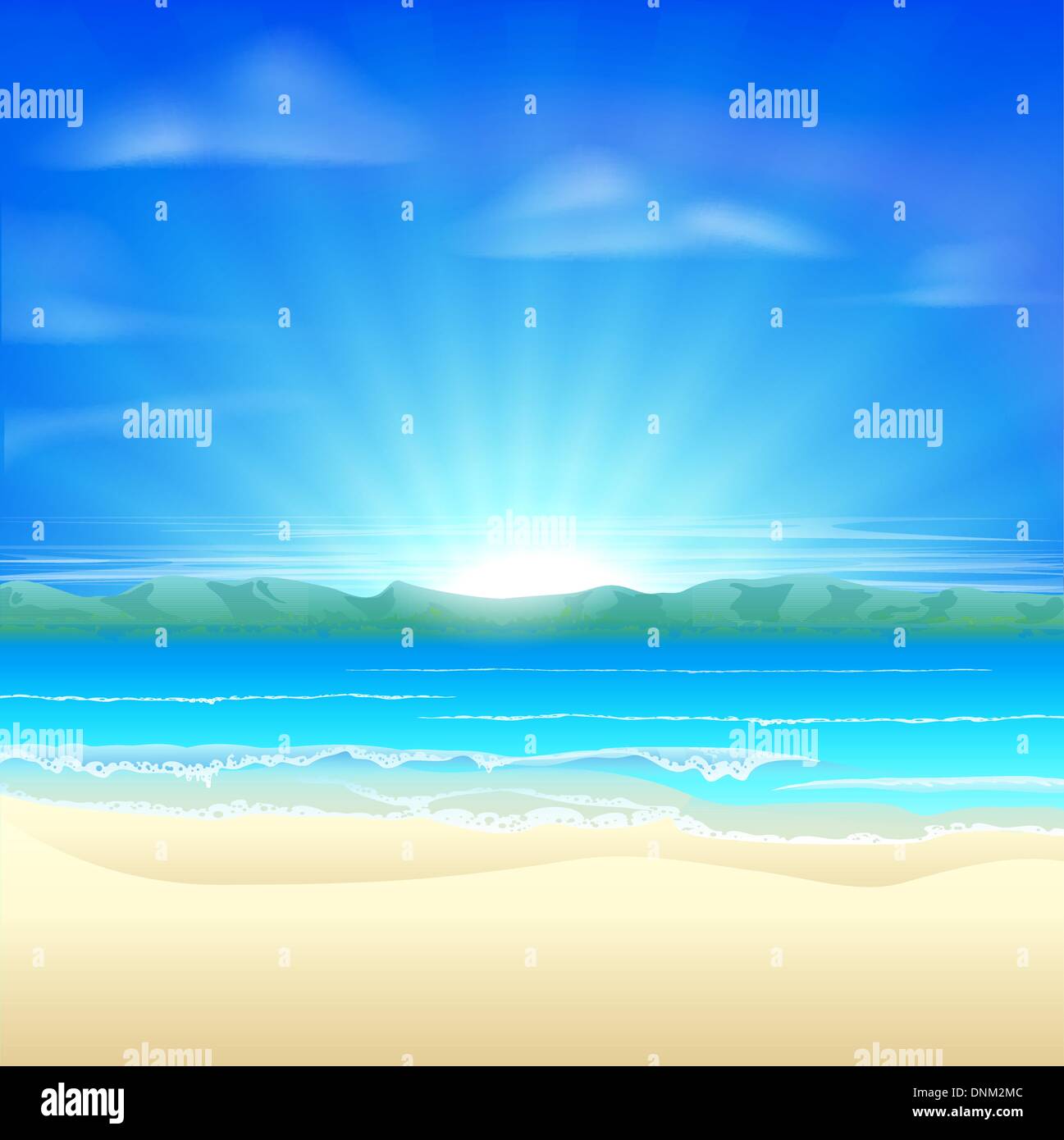 In estate la spiaggia di sabbia illustrazione dello sfondo di una bellissima spiaggia di sunrise Illustrazione Vettoriale