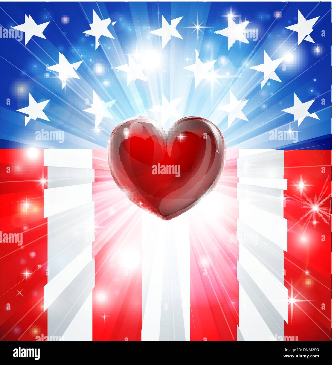 Bandiera americana sfondo patriottico con il cuore, la nozione di amore del paese. Ottimo per il 4 di luglio o temi militari. Illustrazione Vettoriale