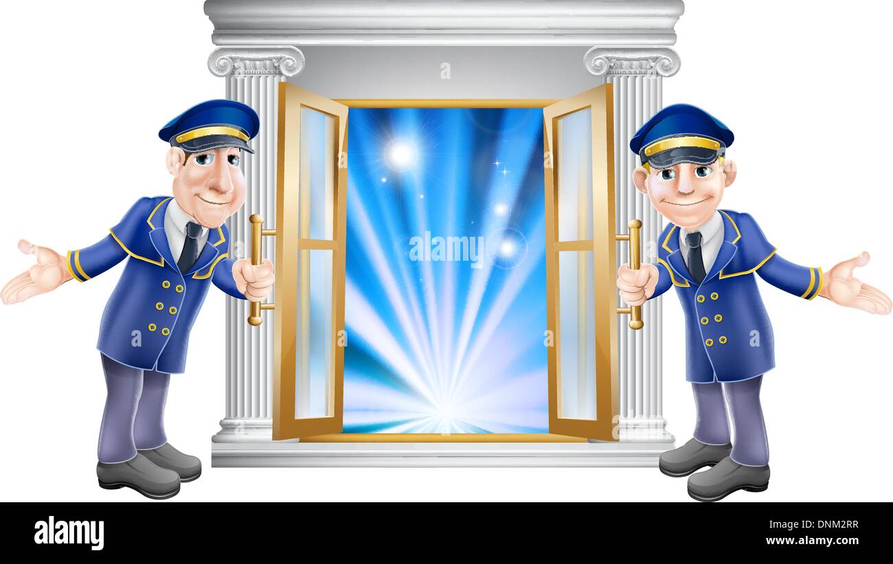 Una illustrazione di due VIP portieri caratteri tenendo aperta una porta all'entrata di un luogo o un hotel Illustrazione Vettoriale