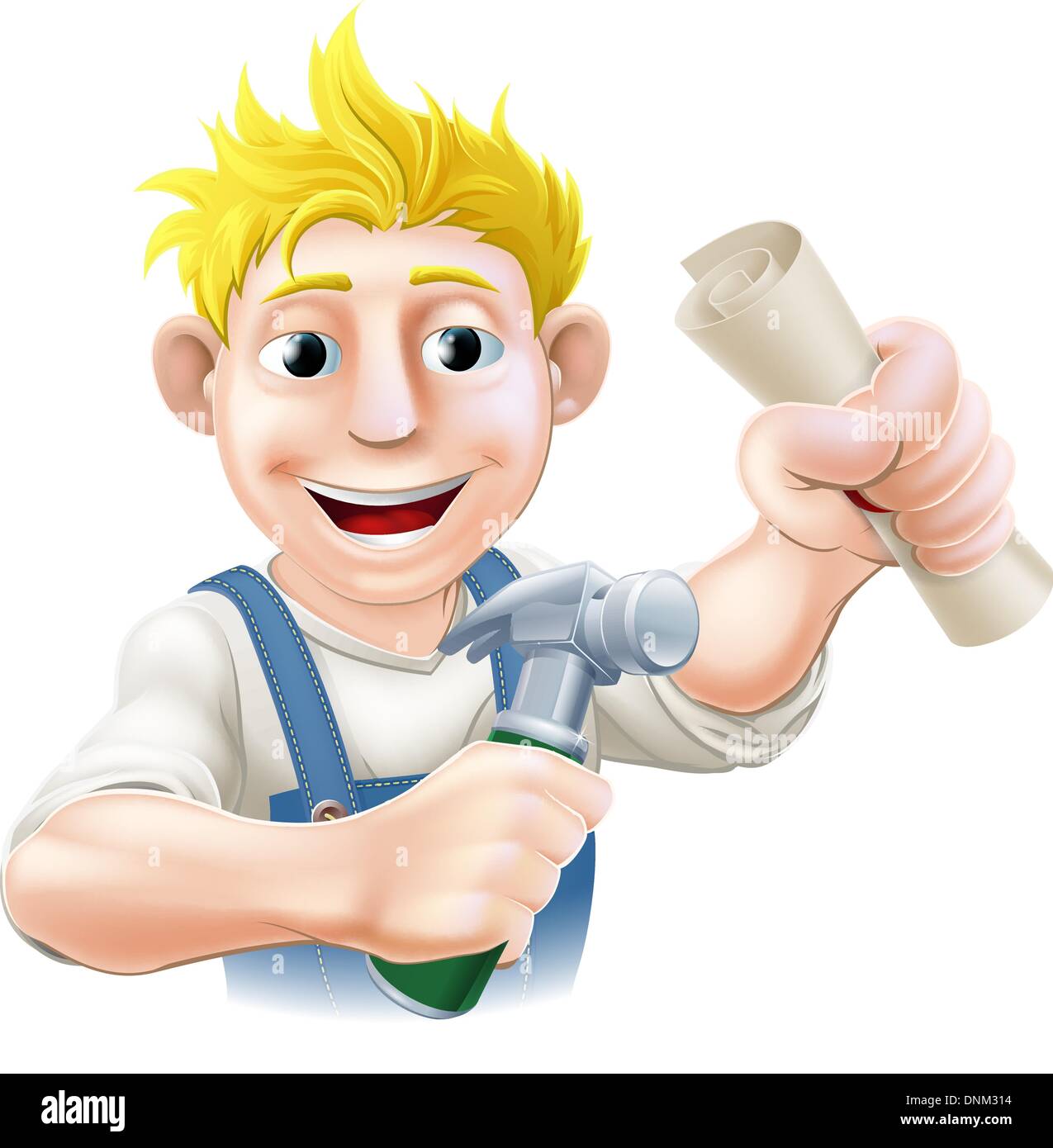 Il concetto di istruzione di un felice falegname o altra costruzione uomo con un martello e un diploma di scorrimento, pass certificato o altri Illustrazione Vettoriale