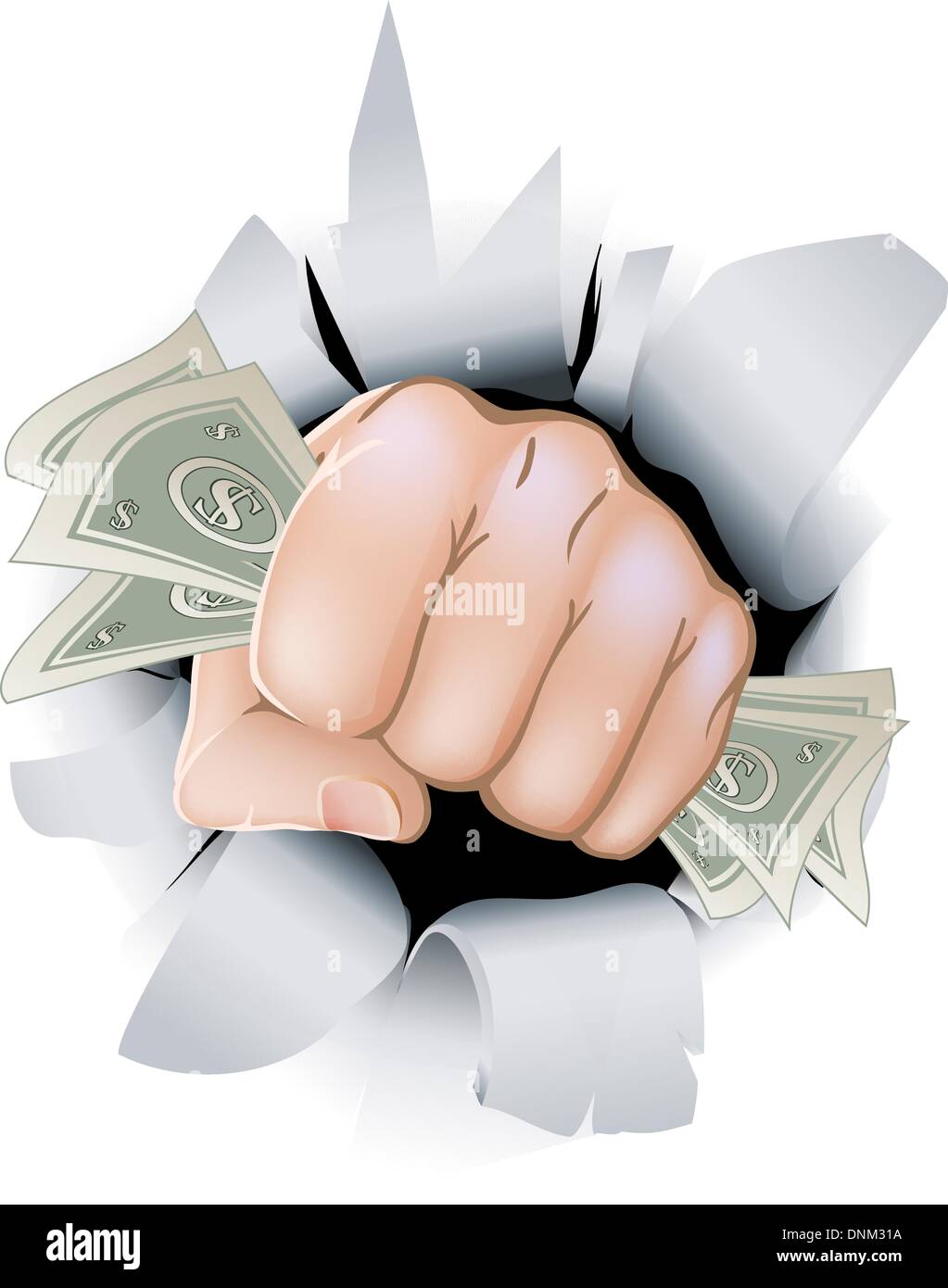 Un pugno pieno di carta money money, dollari smashing attraverso lo sfondo o parete. Illustrazione Vettoriale