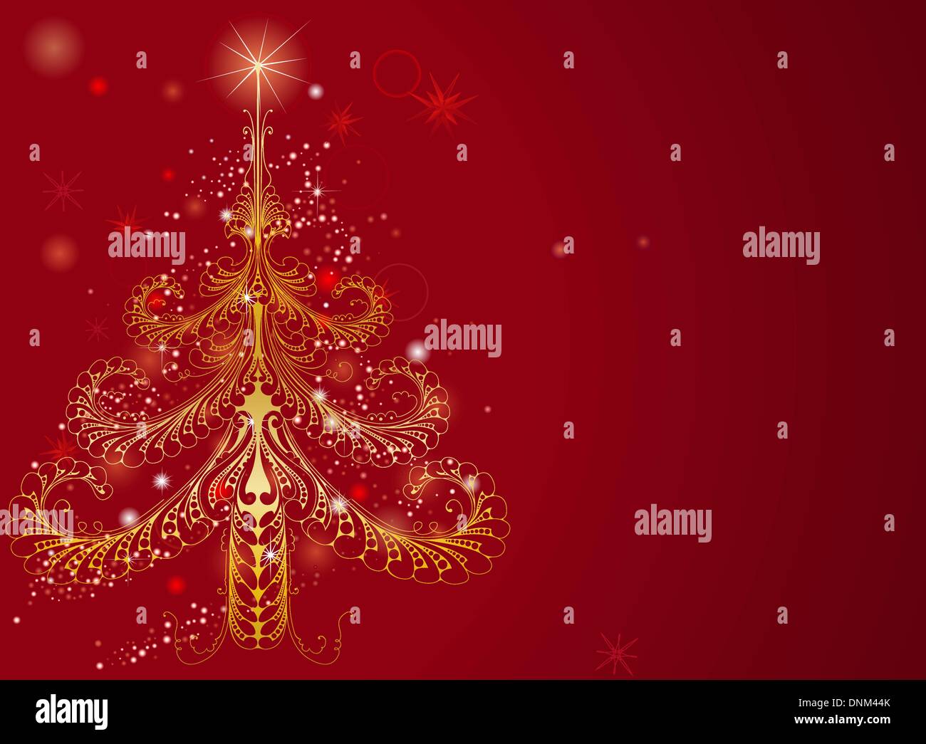 Illustrazione dello sfondo di un bel golden albero di Natale pattern su rosso Illustrazione Vettoriale