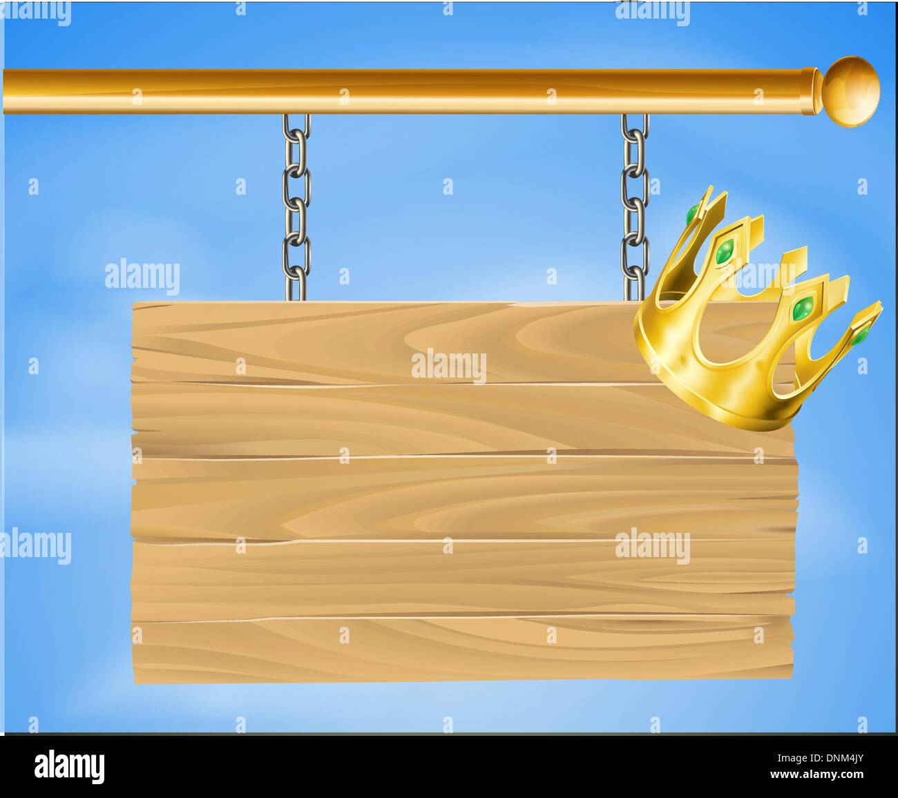 Illustrazione del legno di un cartello appeso con una corona d'oro su di esso Illustrazione Vettoriale