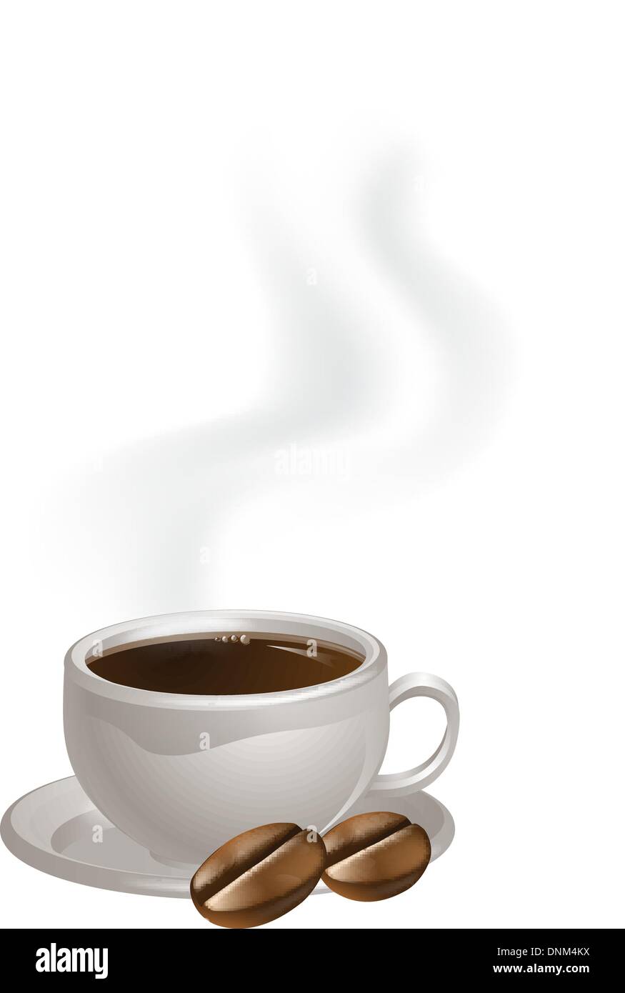 Una fumante tazza di caffè e due chicchi di caffè disegno Illustrazione Vettoriale